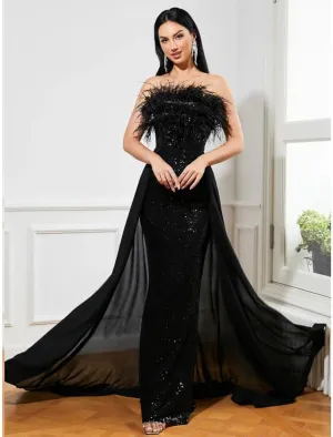 A-Line Evening Gown Sparkle & Shine Dress Formal Fall Sweep / Brush Train Sleeveless Strapless Sequined with Feather Glitter