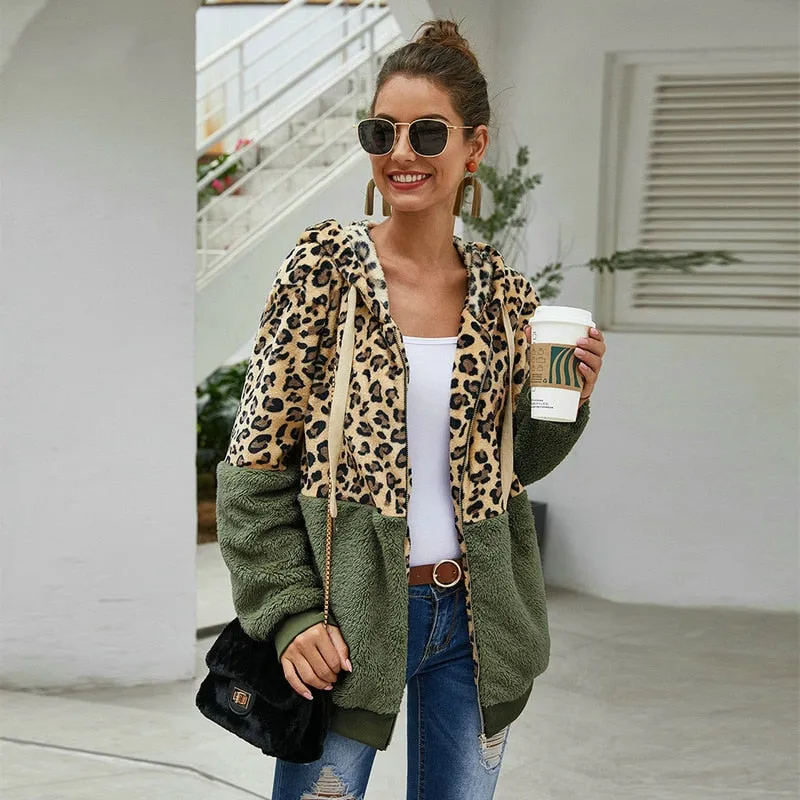 Autumn Winter Leopard Sweatshirts Long Sleeve Hooded Hoodies Casual Zipper Hoodie Top Warm Coat