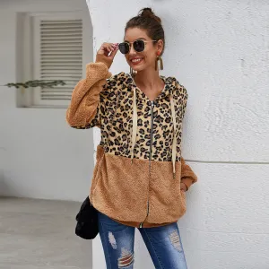 Autumn Winter Leopard Sweatshirts Long Sleeve Hooded Hoodies Casual Zipper Hoodie Top Warm Coat
