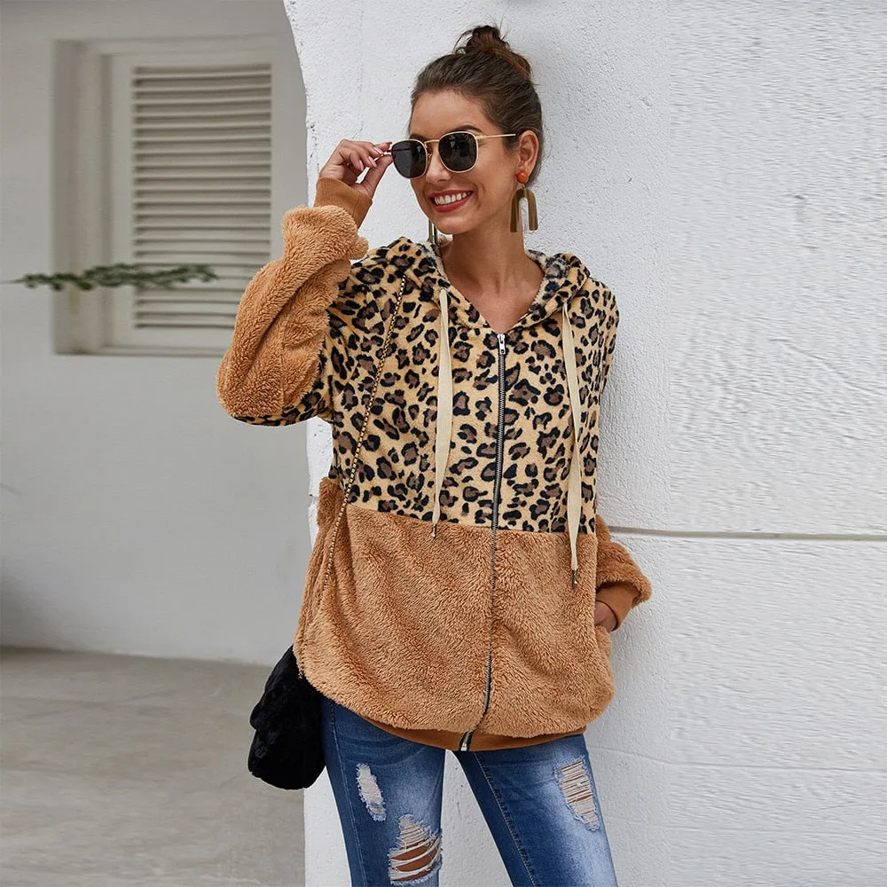 Autumn Winter Leopard Sweatshirts Long Sleeve Hooded Hoodies Casual Zipper Hoodie Top Warm Coat