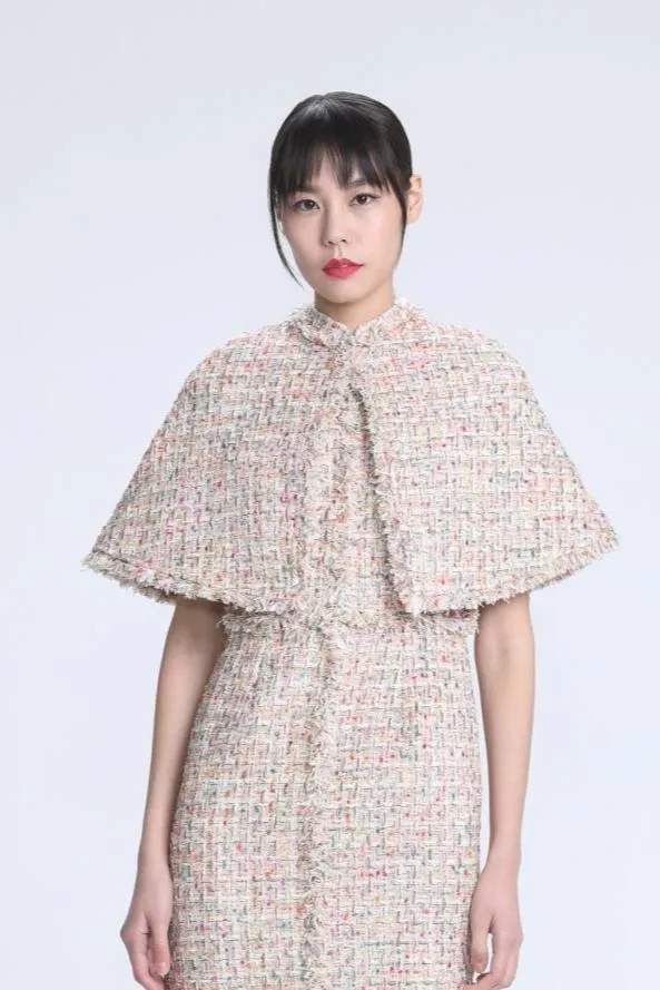 Beige with Rainbow Fringe Fancy Tweed Panel Cape and Dress Set(Cape)