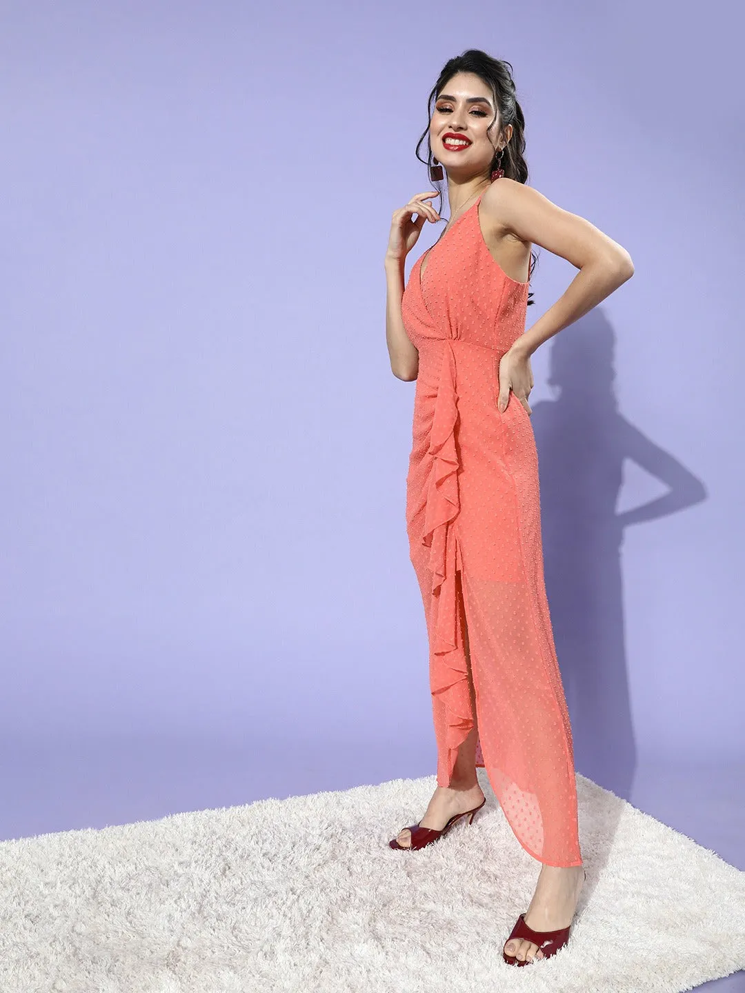 Berrylush Women Peach Self-Design Pattern Crepe A-Line Midi Dress