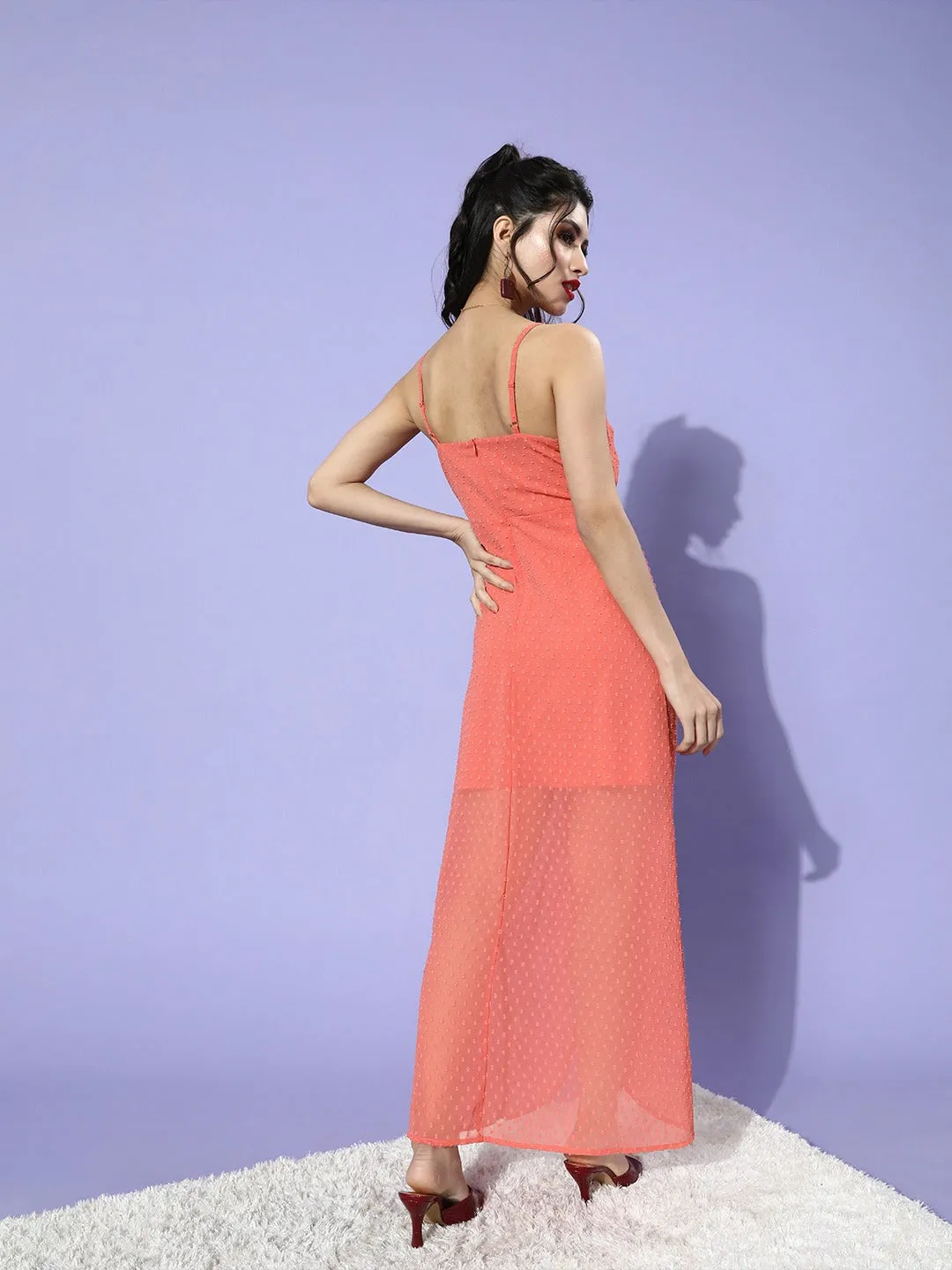 Berrylush Women Peach Self-Design Pattern Crepe A-Line Midi Dress