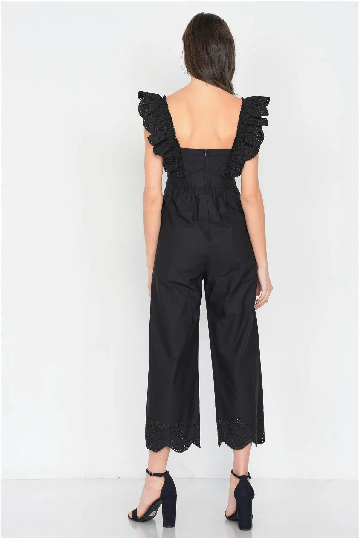 Black Cotton Eyelet Flounce Trim Wide Leg Jumpsuit