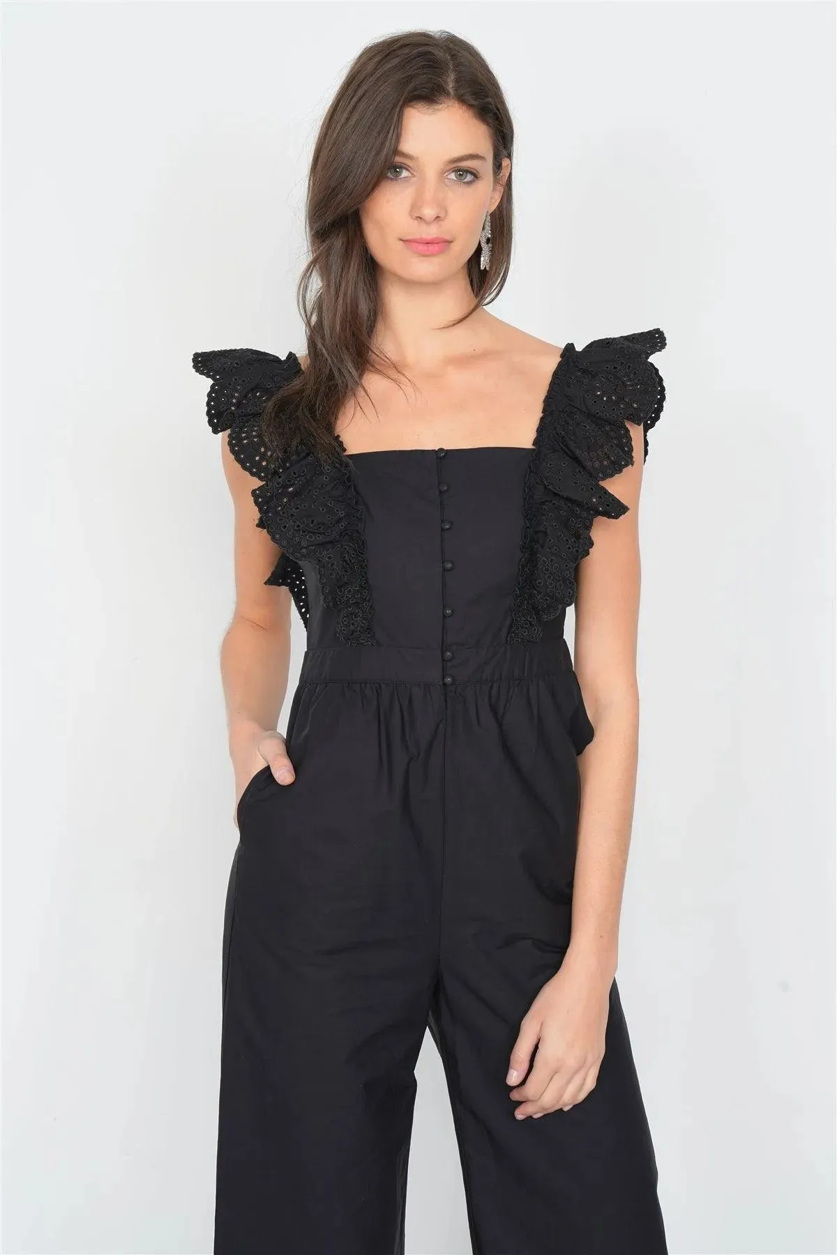 Black Cotton Eyelet Flounce Trim Wide Leg Jumpsuit