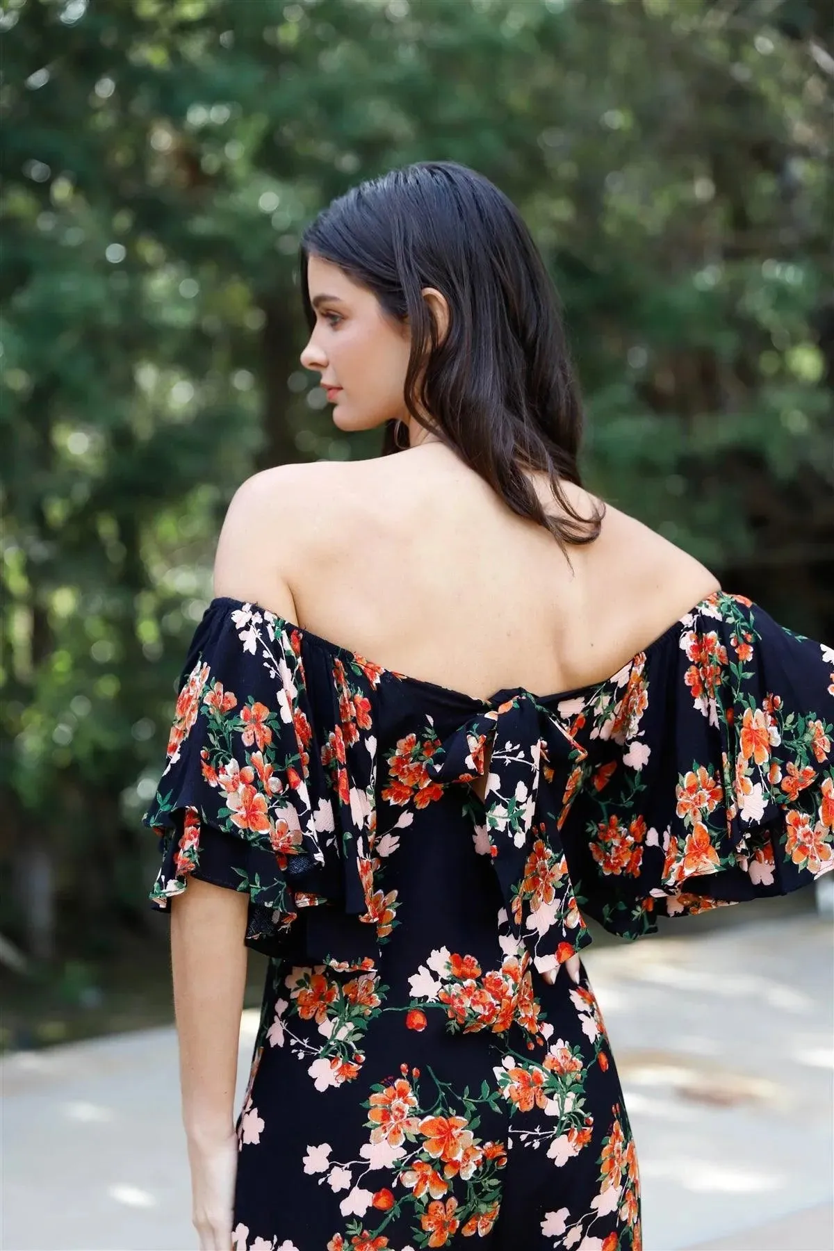 Black Multi Color Floral Print Off-The-Shoulder Flare Sleeve Back Tie Detail Wide Leg Jumpsuit /1-2-2