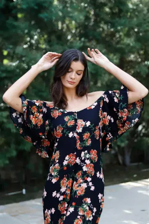 Black Multi Color Floral Print Off-The-Shoulder Flare Sleeve Back Tie Detail Wide Leg Jumpsuit /1-2-2