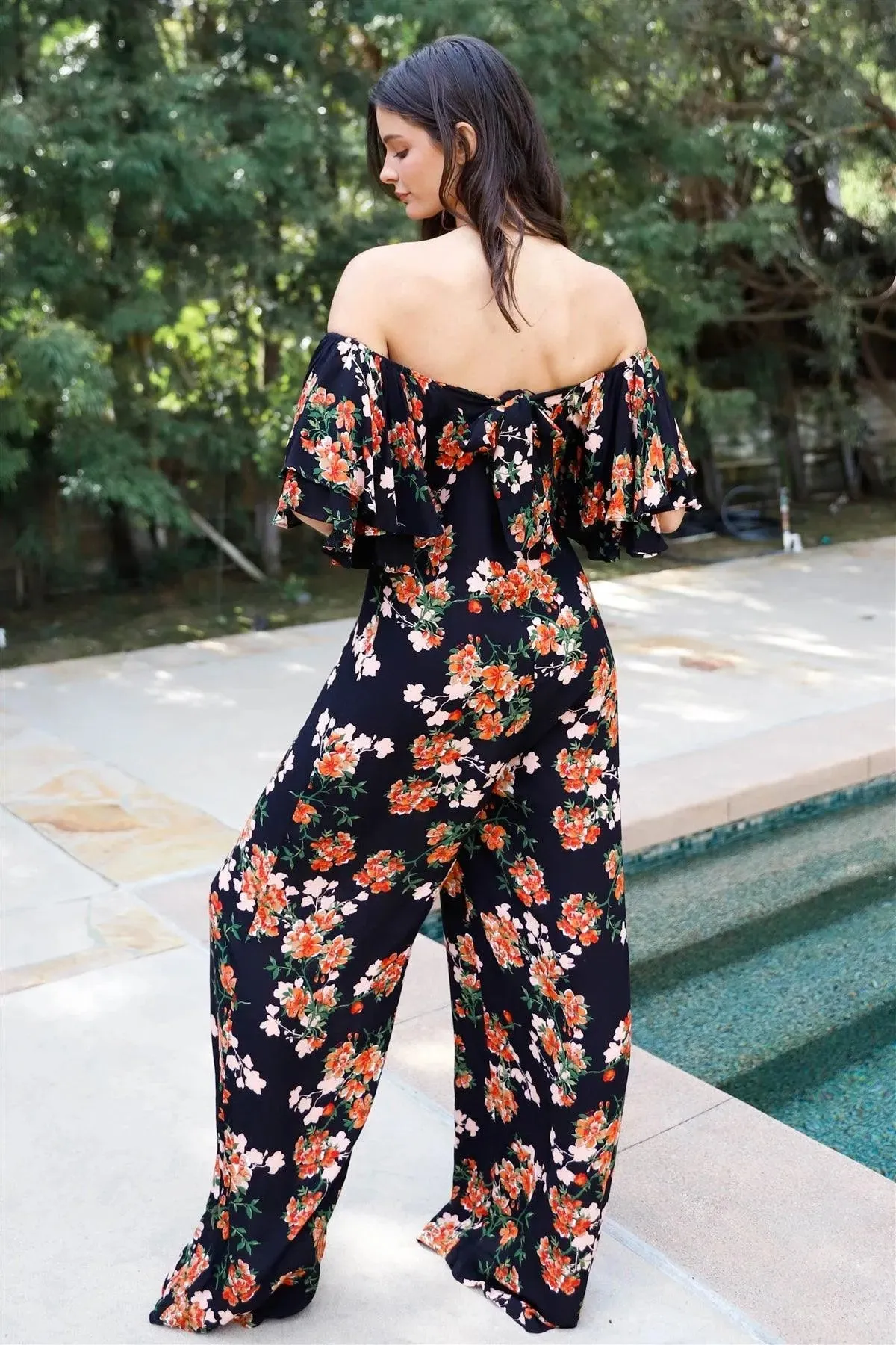 Black Multi Color Floral Print Off-The-Shoulder Flare Sleeve Back Tie Detail Wide Leg Jumpsuit /1-2-2