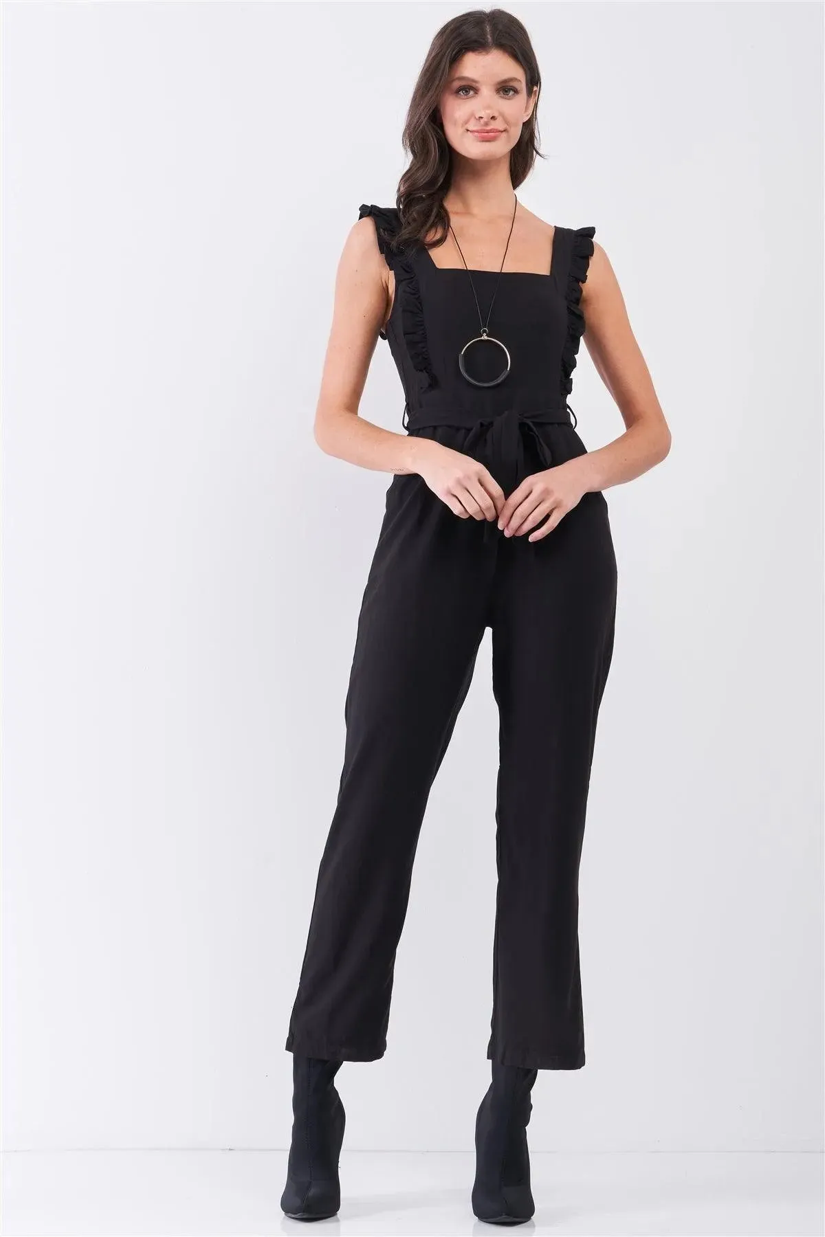 Black Sleeveless Ruffle Hem Self-Tie Belt Detail Straight Leg Jumpsuit /3-2-1