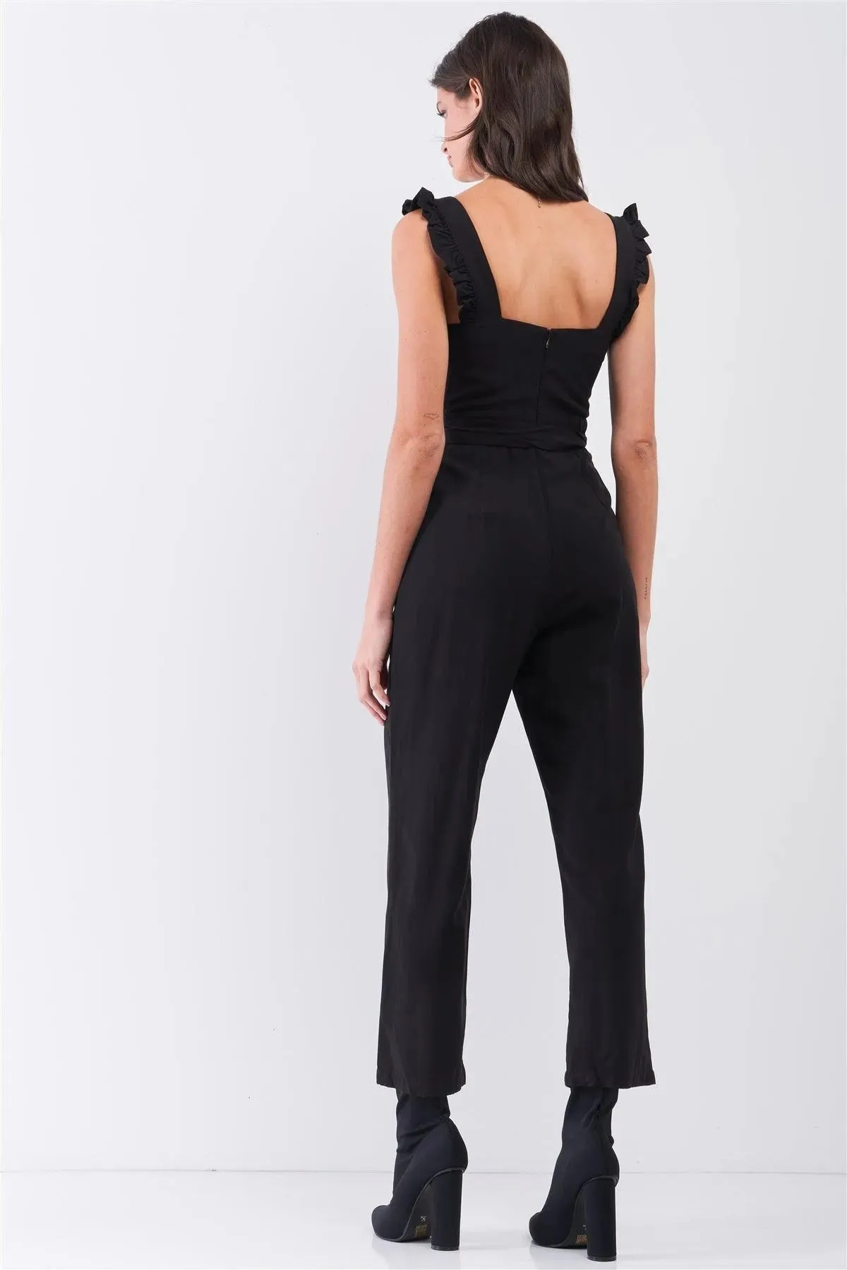 Black Sleeveless Ruffle Hem Self-Tie Belt Detail Straight Leg Jumpsuit /3-2-1