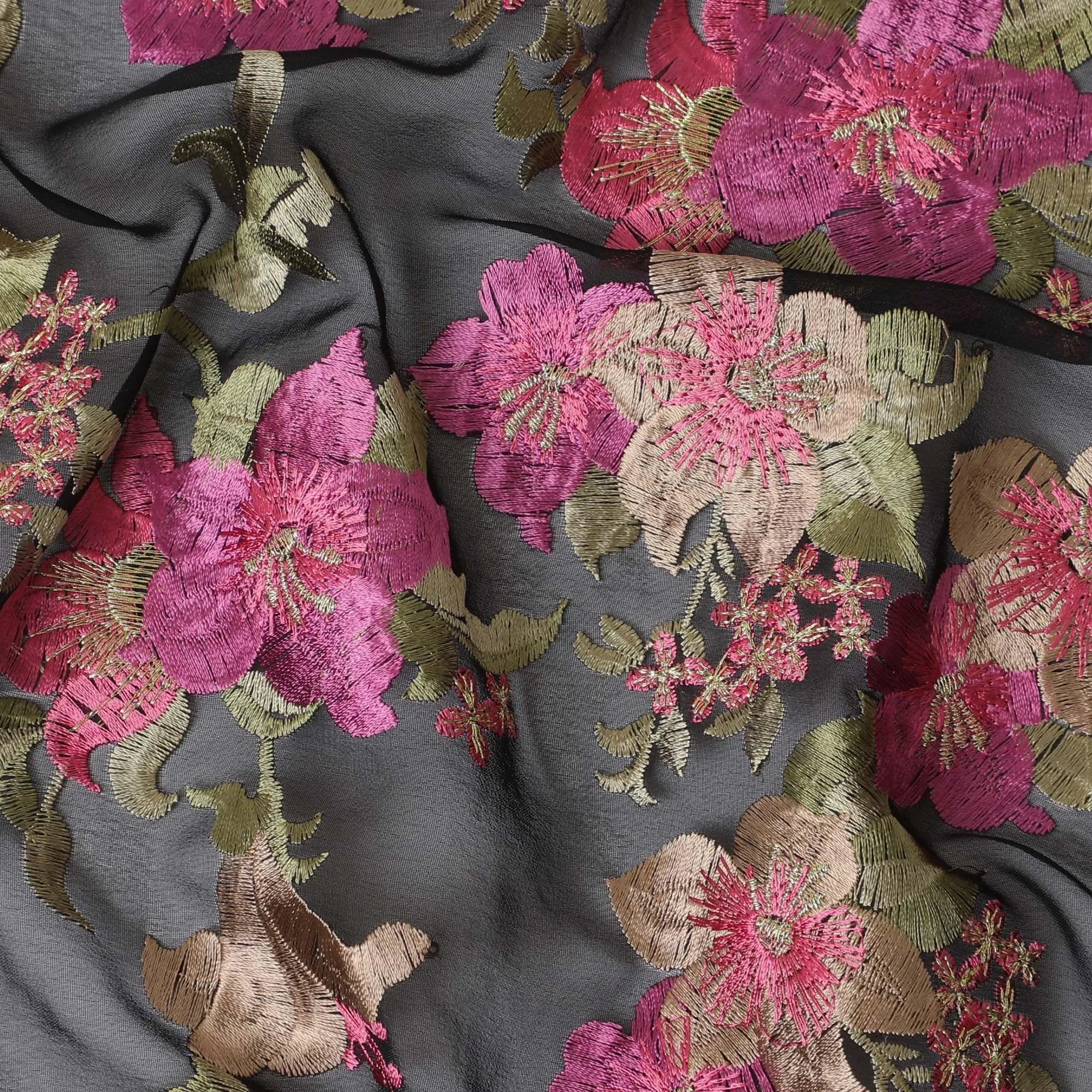 Black synthetic chiffon fabric with multicolor embroidery in floral esign-D12339