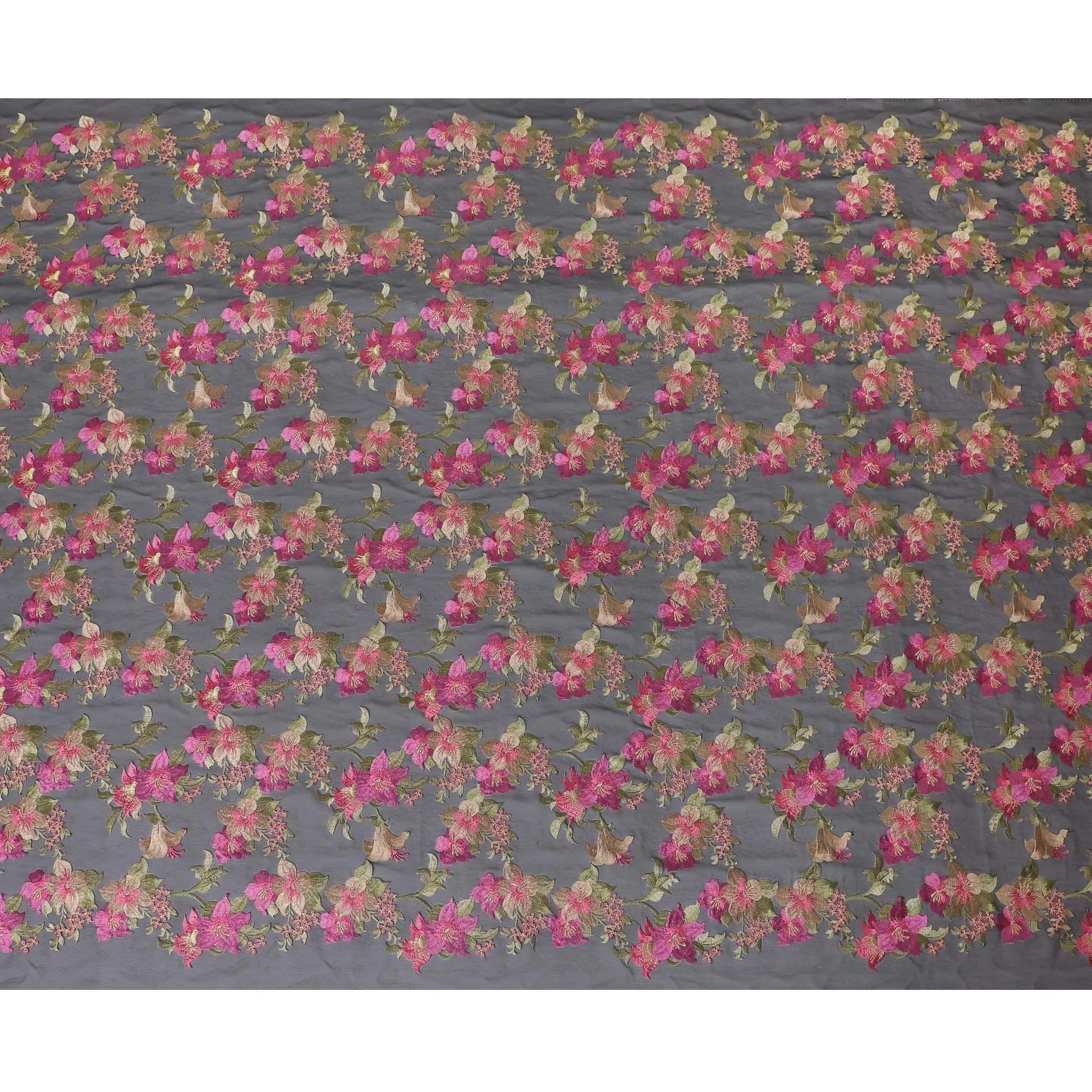 Black synthetic chiffon fabric with multicolor embroidery in floral esign-D12339