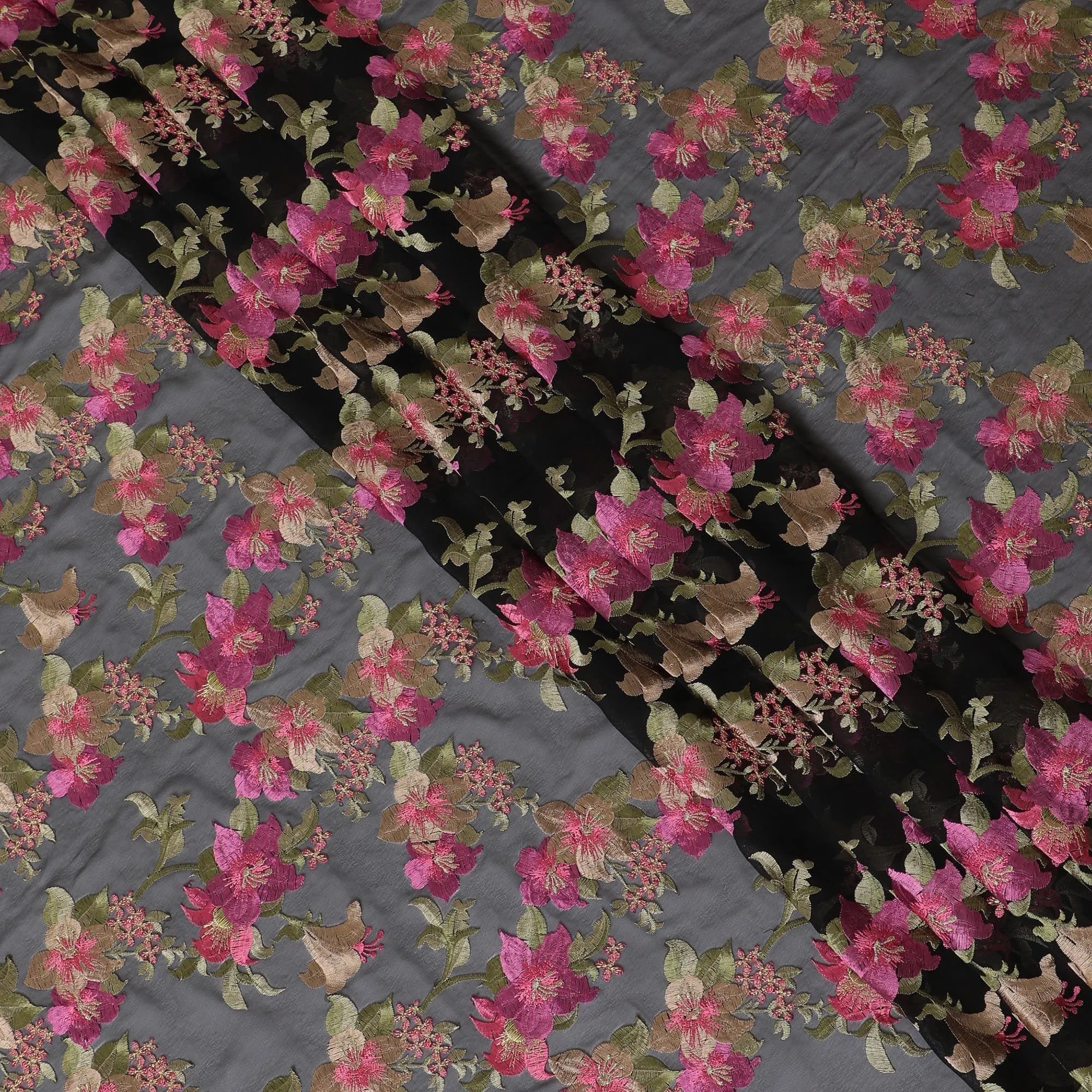 Black synthetic chiffon fabric with multicolor embroidery in floral esign-D12339