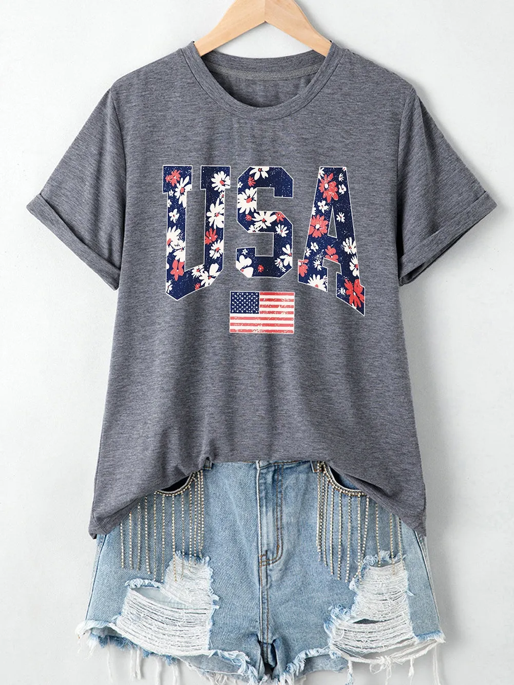 Blooming Flowers USA Flag Graphic Tee for Women