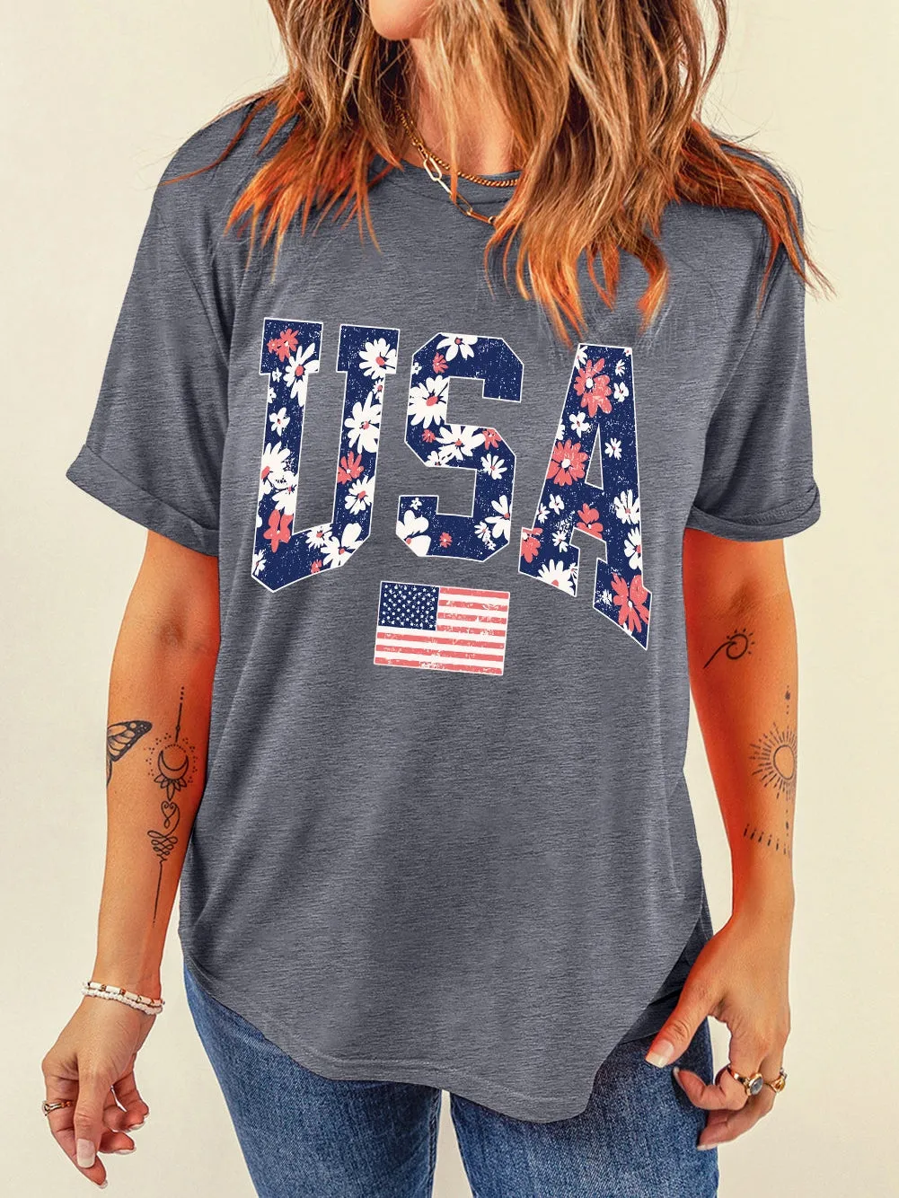 Blooming Flowers USA Flag Graphic Tee for Women