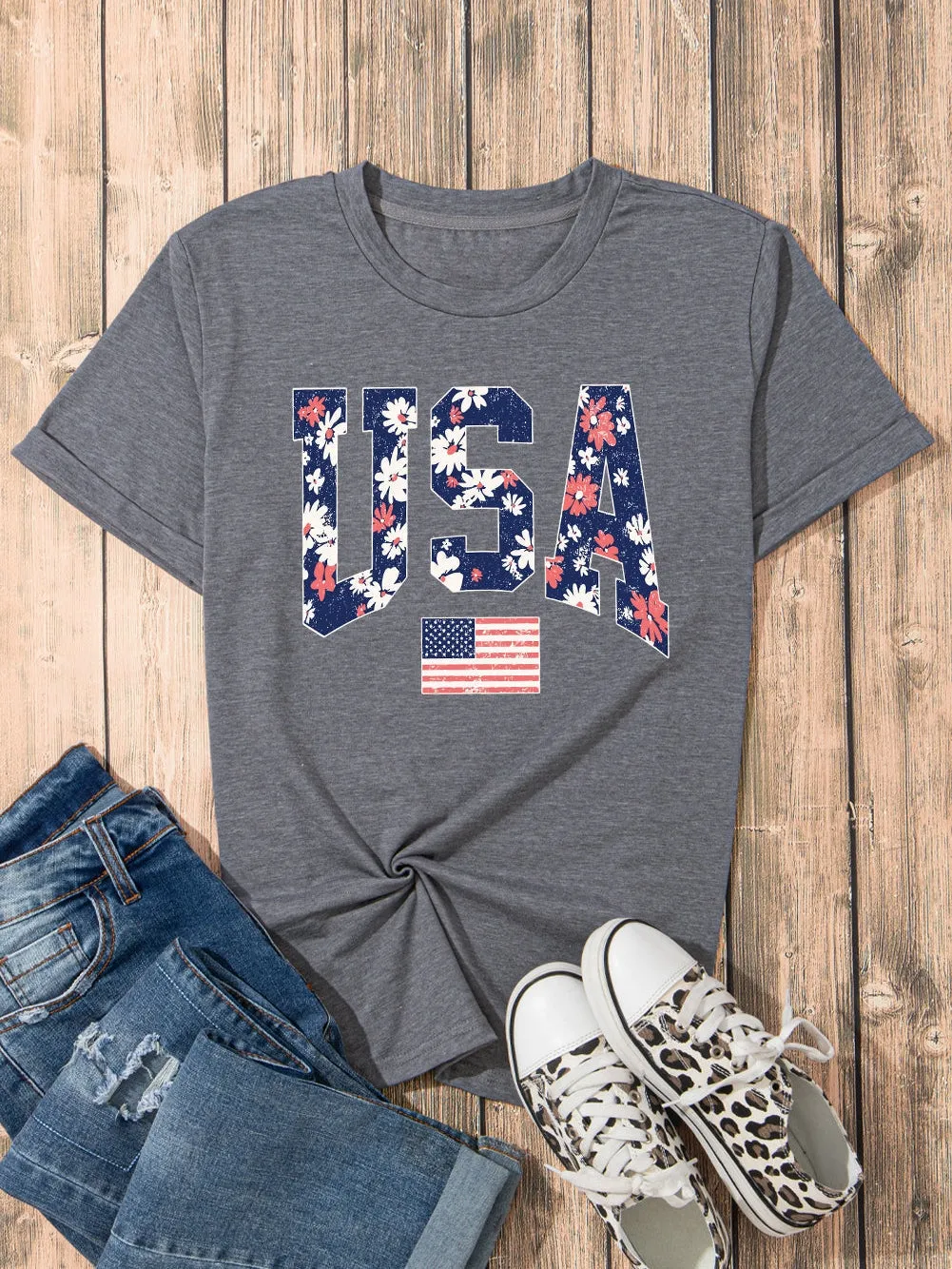 Blooming Flowers USA Flag Graphic Tee for Women