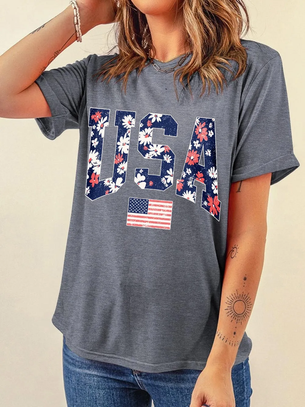 Blooming Flowers USA Flag Graphic Tee for Women