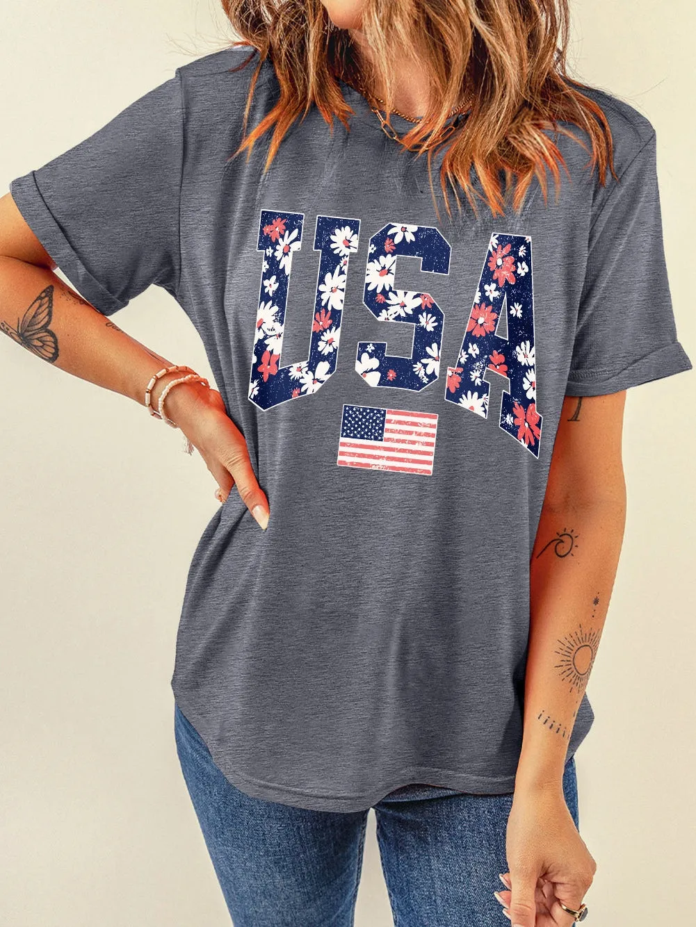 Blooming Flowers USA Flag Graphic Tee for Women