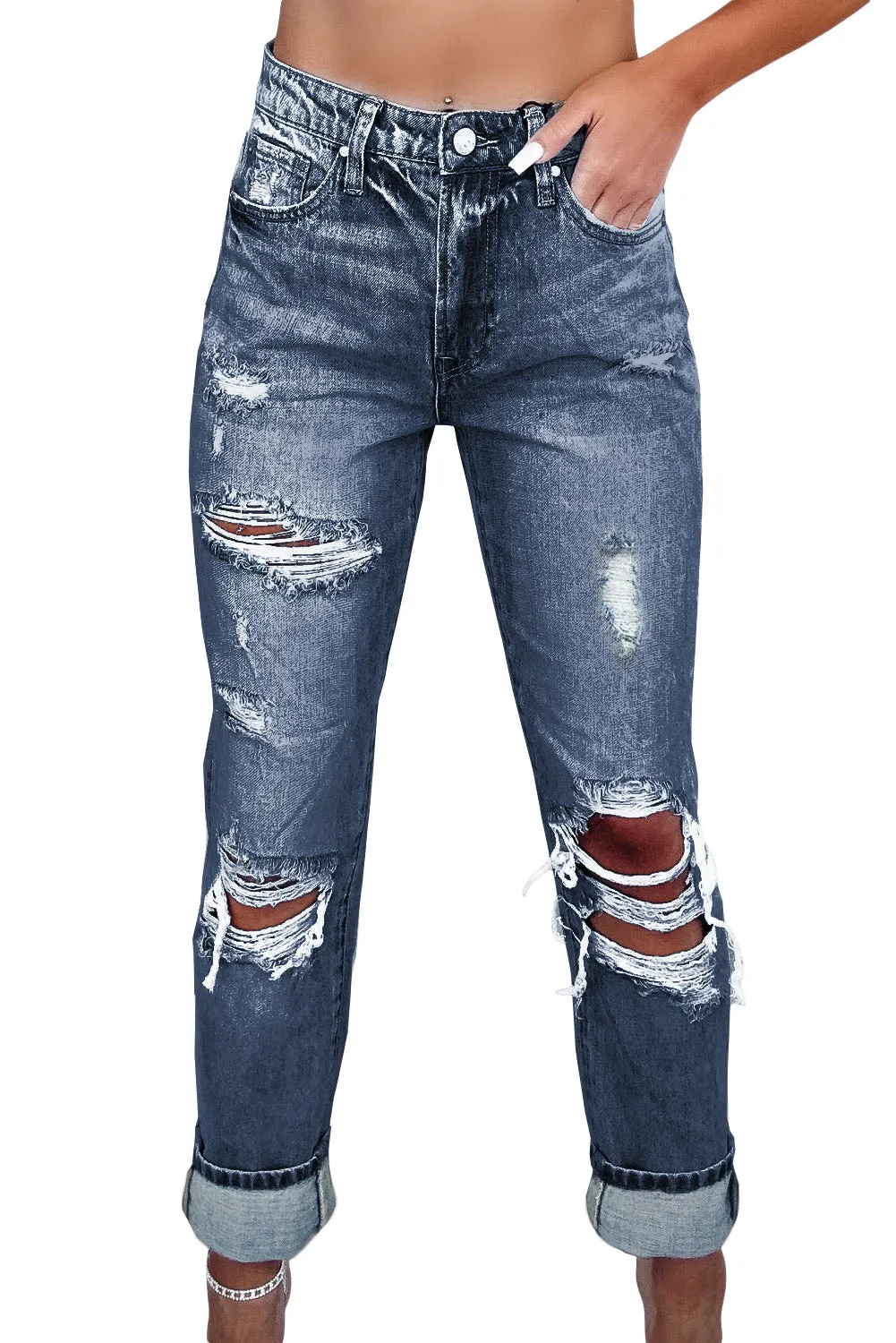 Blue Light Wash Frayed Slim Fit High Waist Jeans