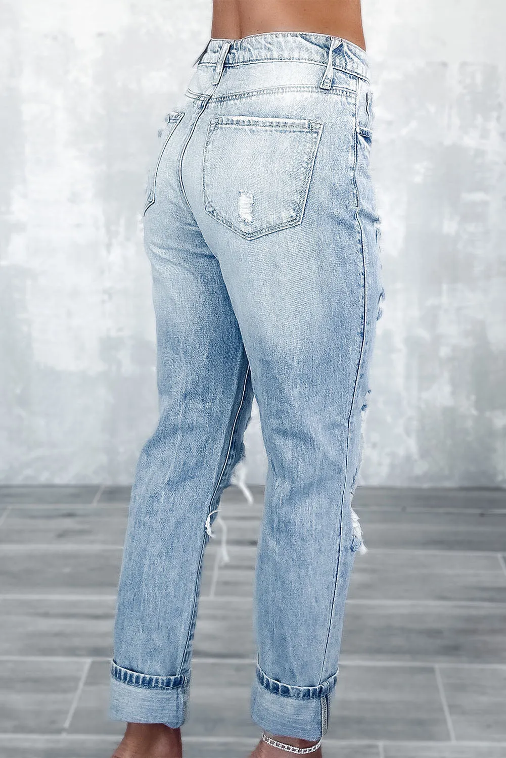 Blue Light Wash Frayed Slim Fit High Waist Jeans