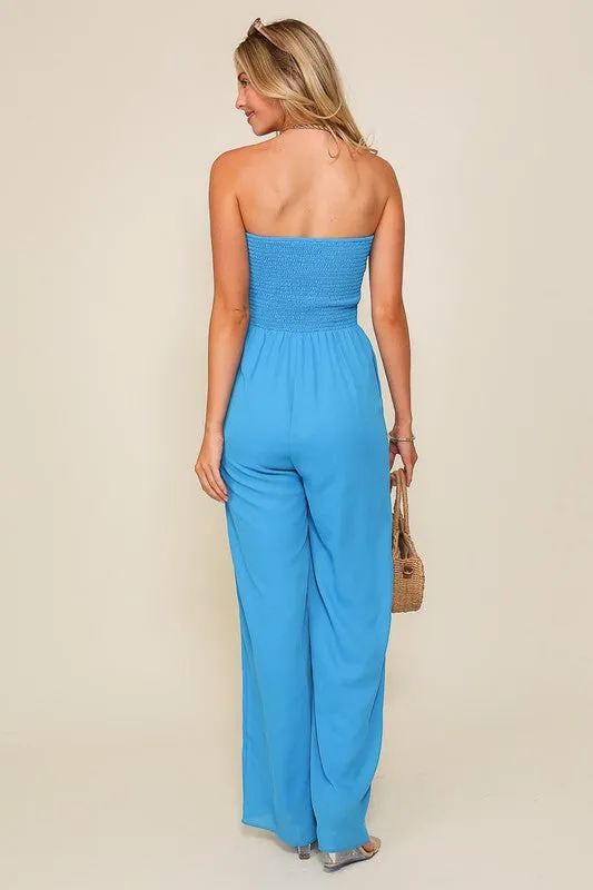 Blue Smocked Wide Leg Jumpsuits With Pockets