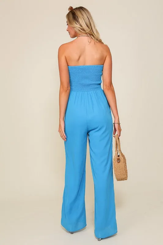 Blue Smocked Wide Leg Jumpsuits With Pockets