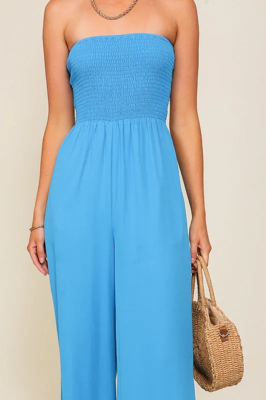 Blue Smocked Wide Leg Jumpsuits With Pockets
