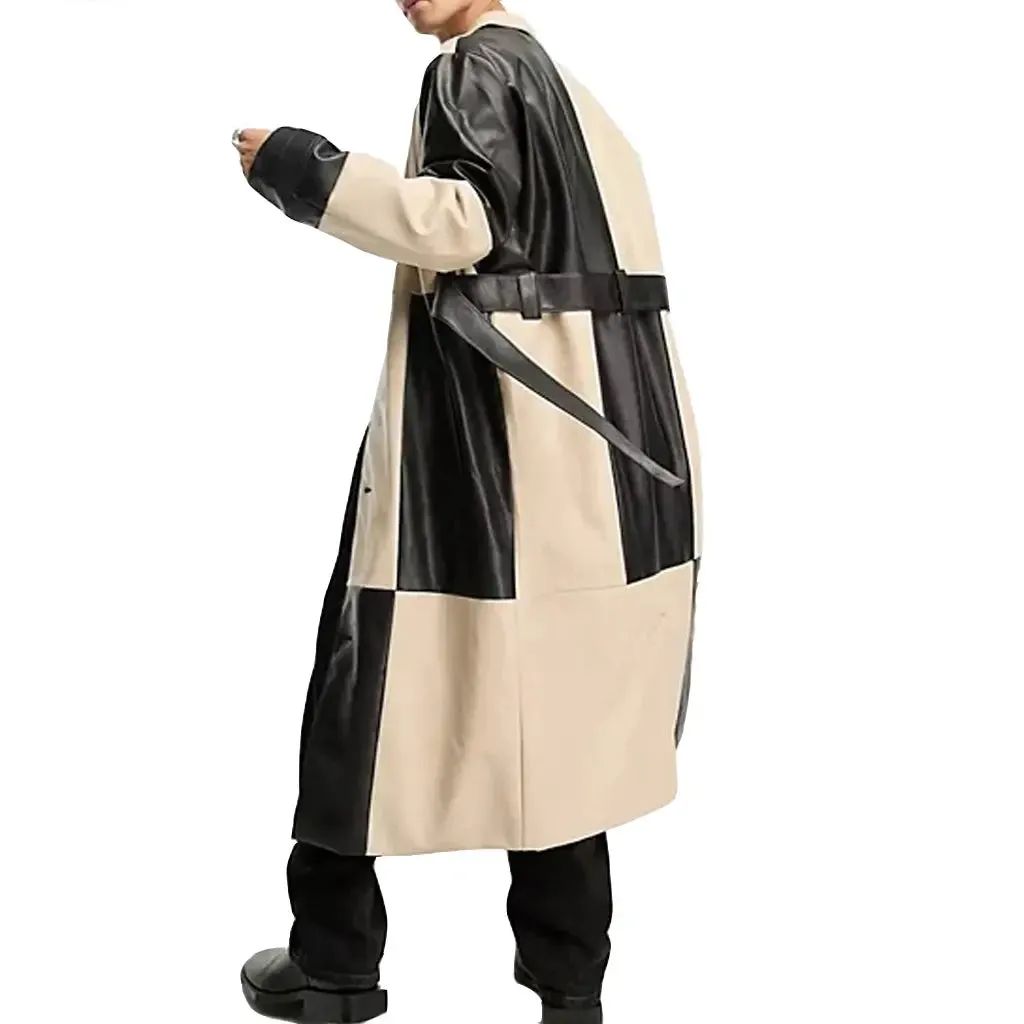 Checks Style Men Leather Trench Coat