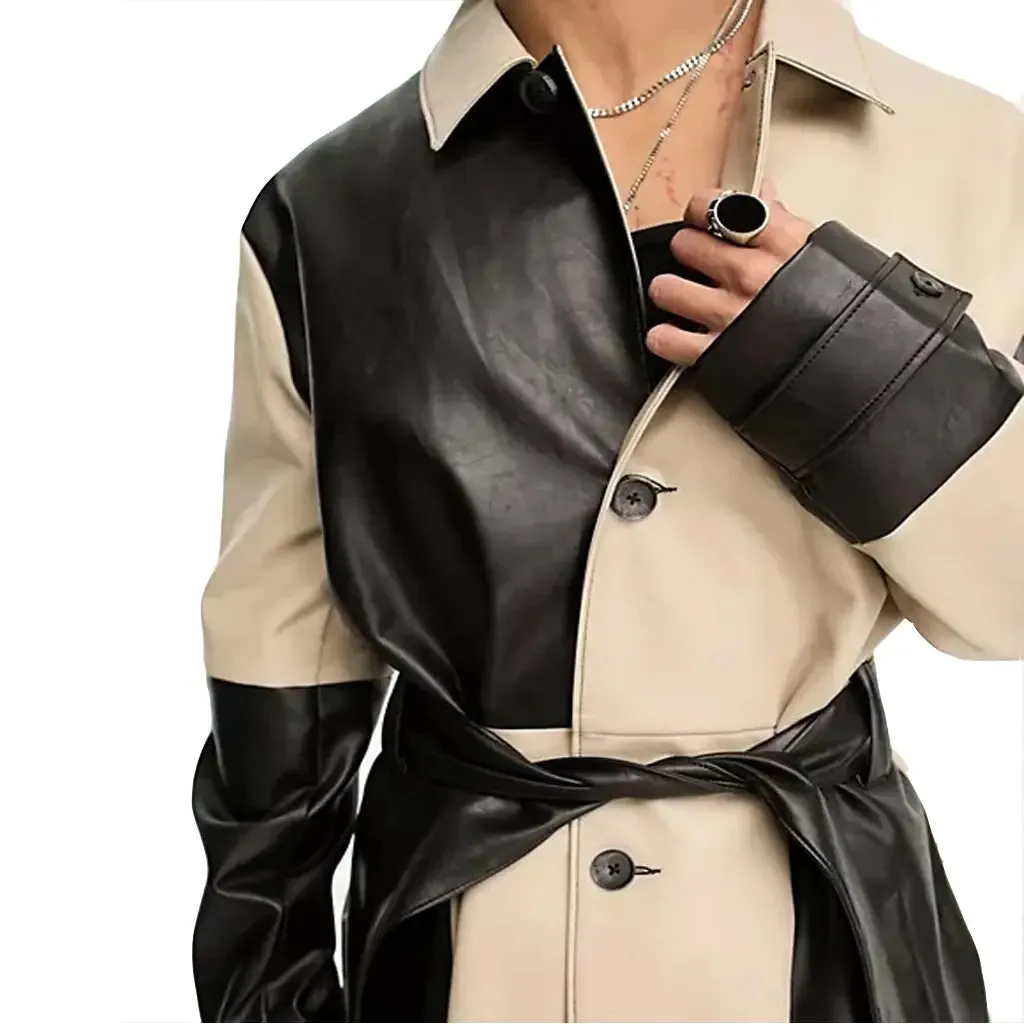 Checks Style Men Leather Trench Coat