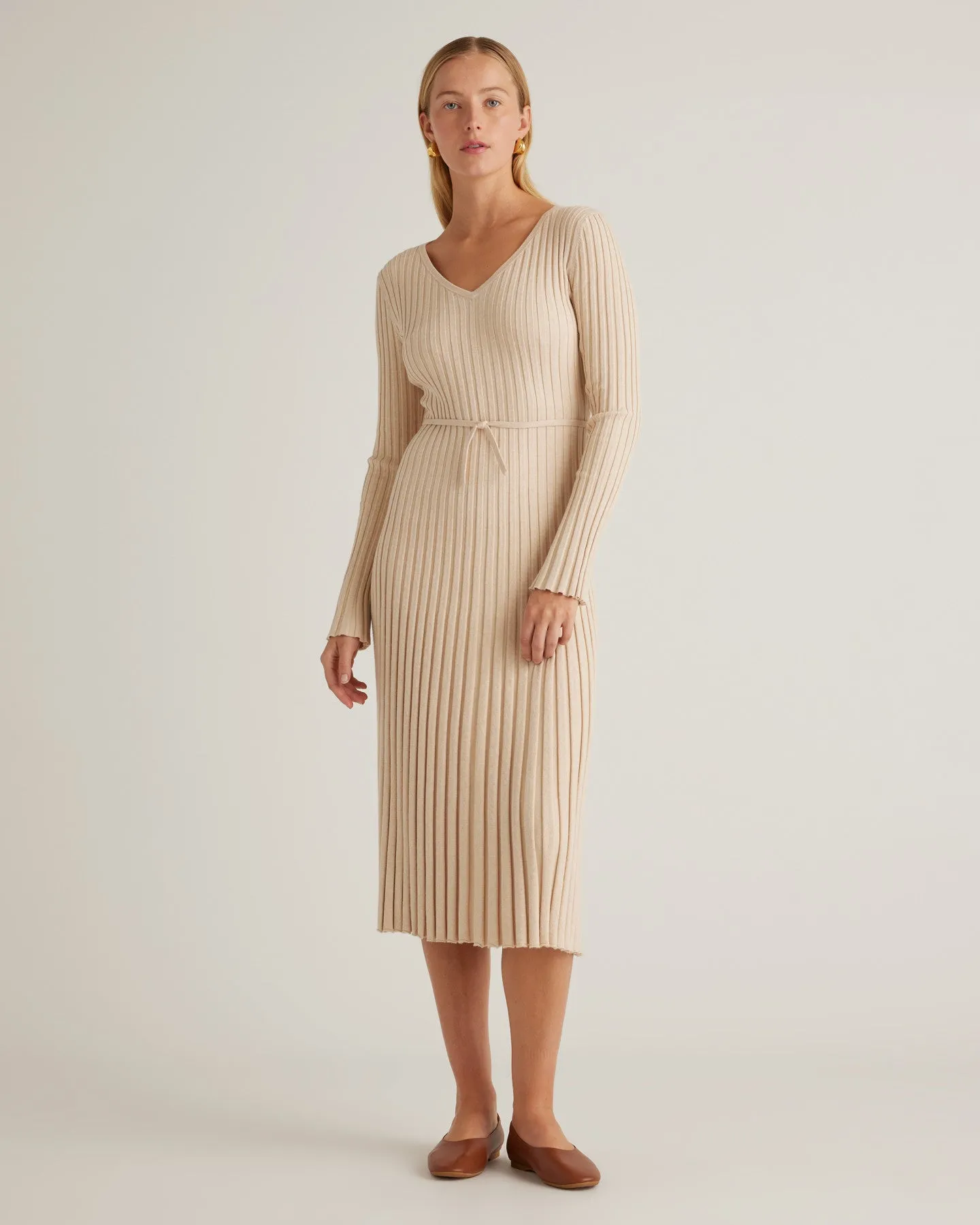 Cotton Cashmere Ribbed Long Sleeve V-Neck Midi Dress