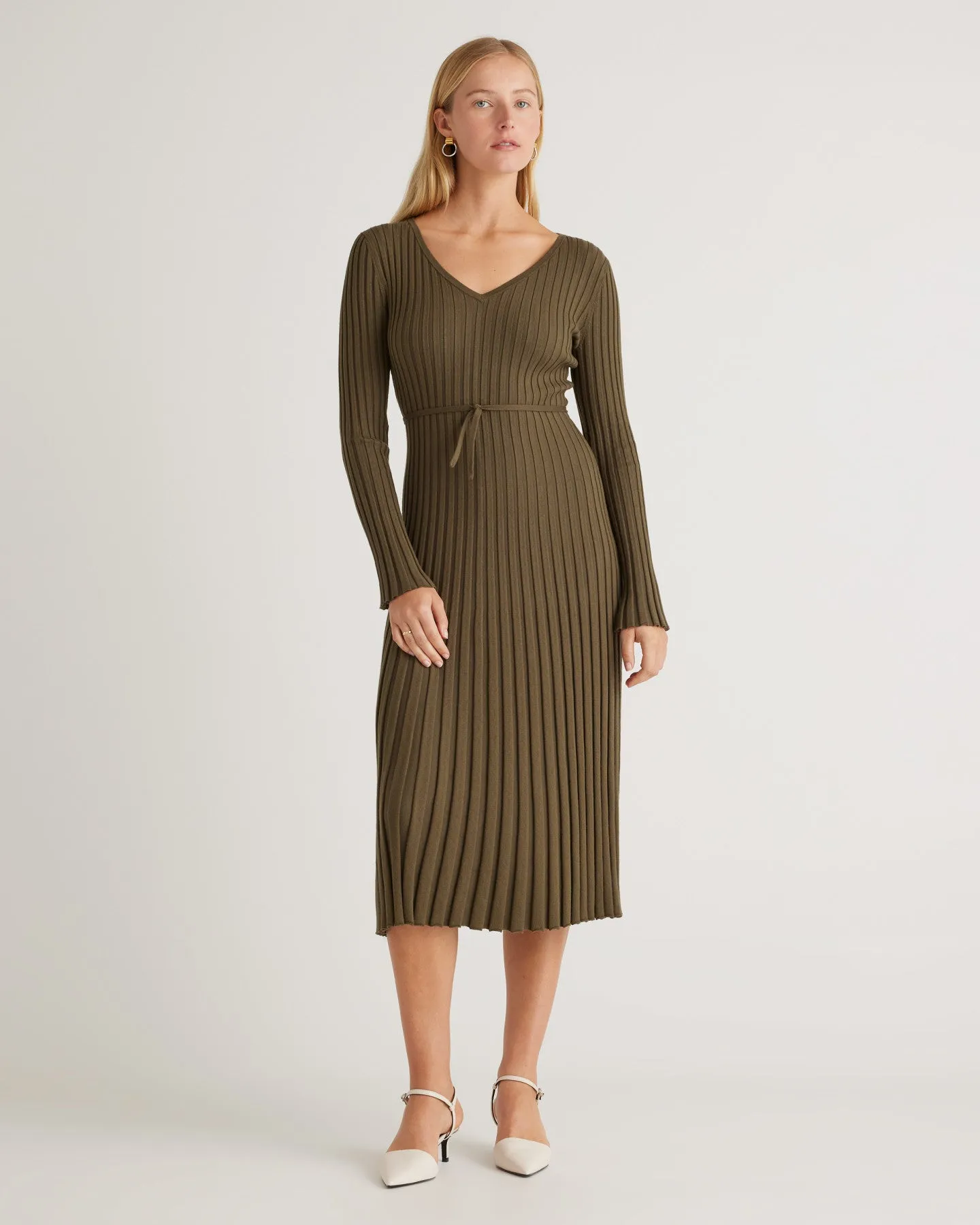 Cotton Cashmere Ribbed Long Sleeve V-Neck Midi Dress