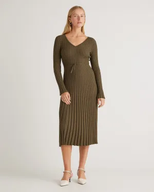 Cotton Cashmere Ribbed Long Sleeve V-Neck Midi Dress