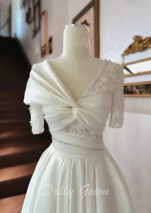 Crisscross Front Aline Short Sleeve Satin Wedding Dress