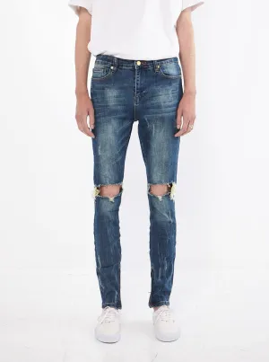 Dark Blue Washed Destroyed Denim Jeans