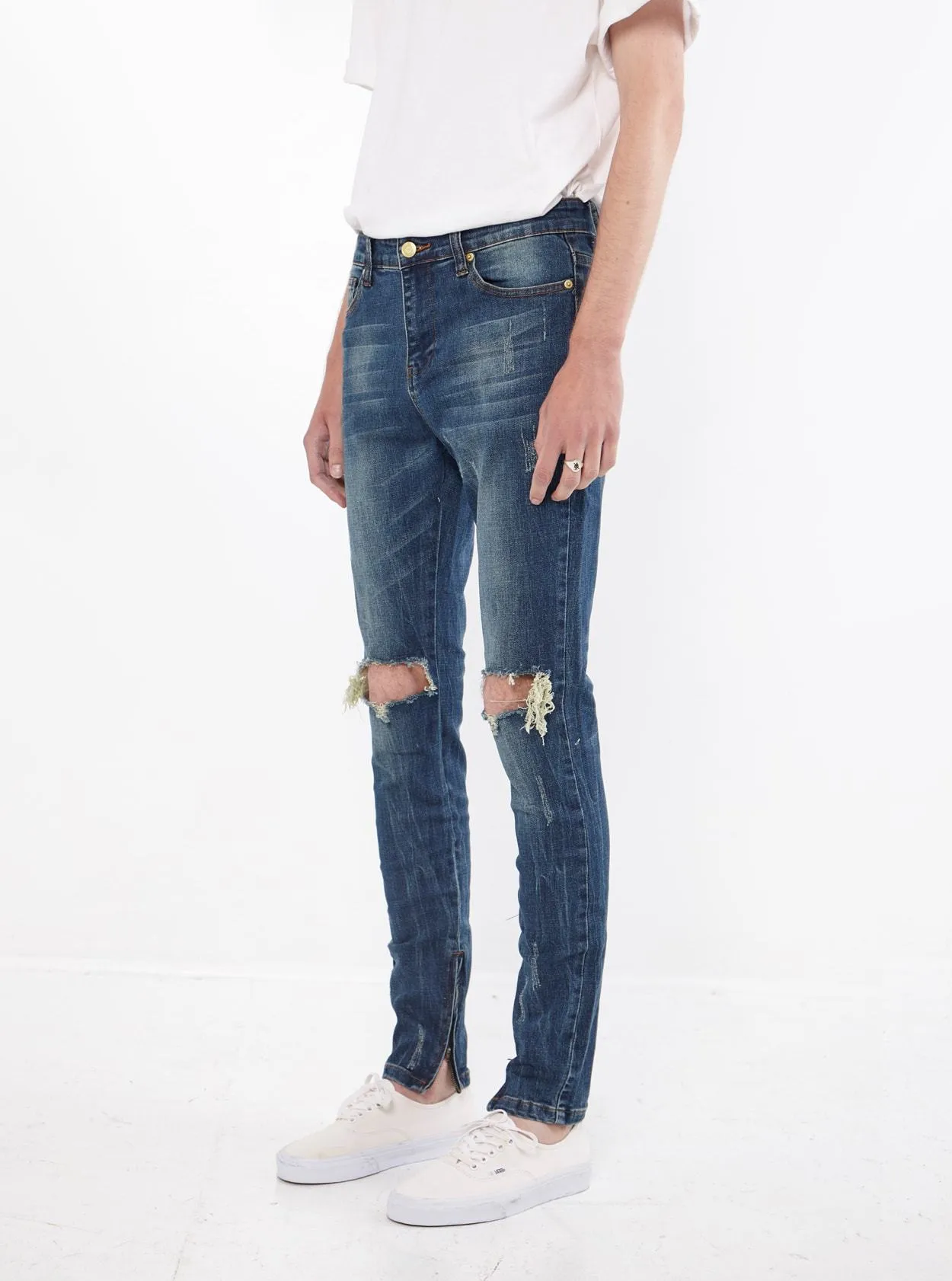 Dark Blue Washed Destroyed Denim Jeans