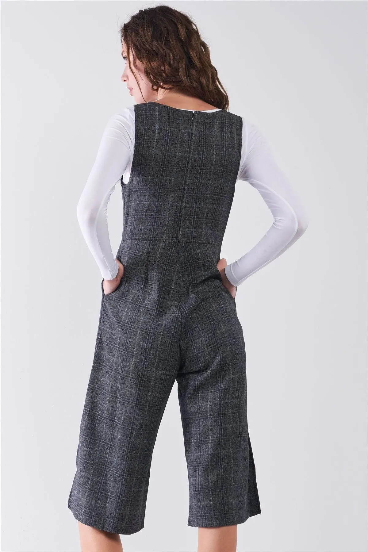 Dark Grey Preppy Sleeveless Glen Check Print Round Neck Slit Detail Wide Leg Midi Jumpsuit /2-2-3