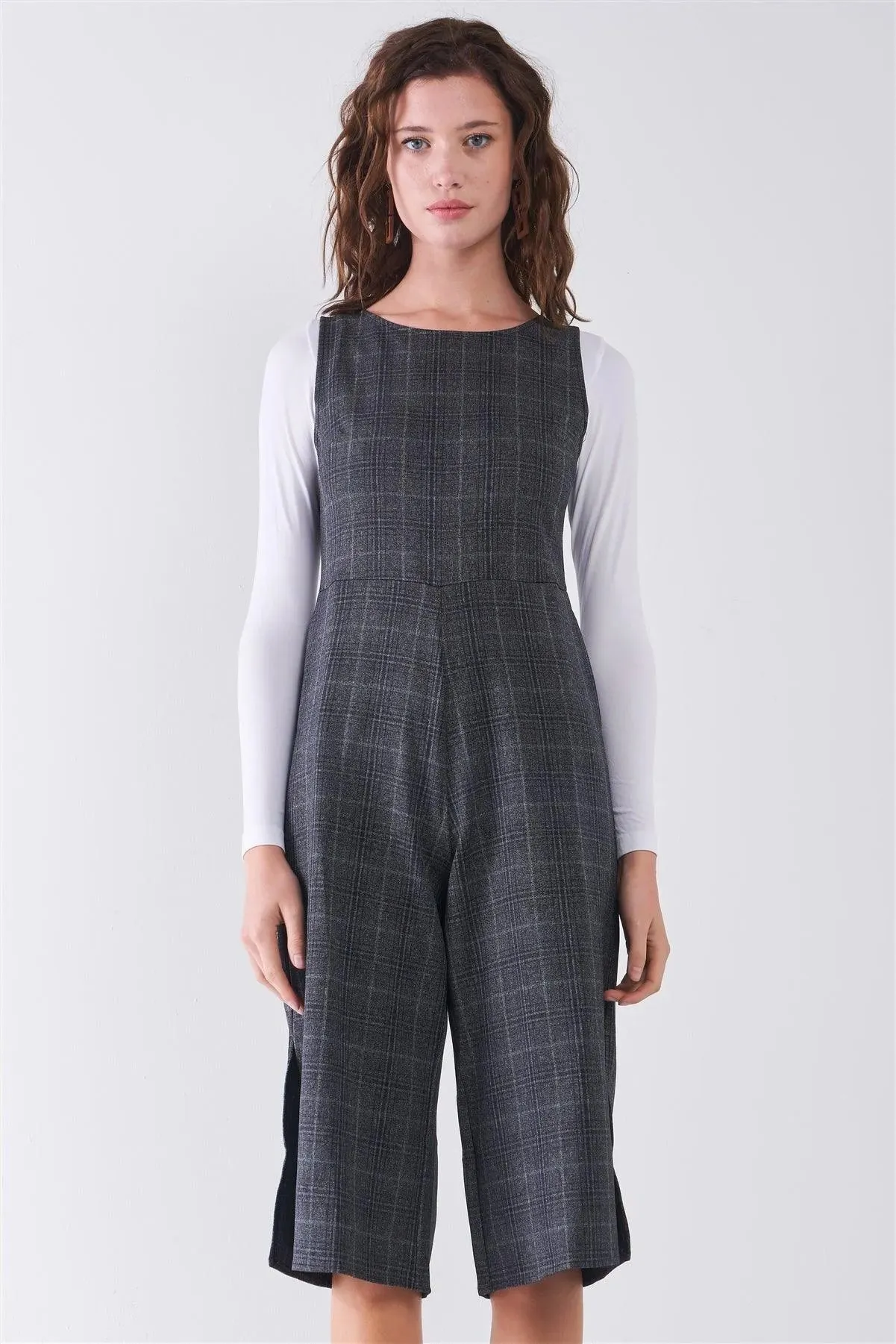Dark Grey Preppy Sleeveless Glen Check Print Round Neck Slit Detail Wide Leg Midi Jumpsuit /2-2-3