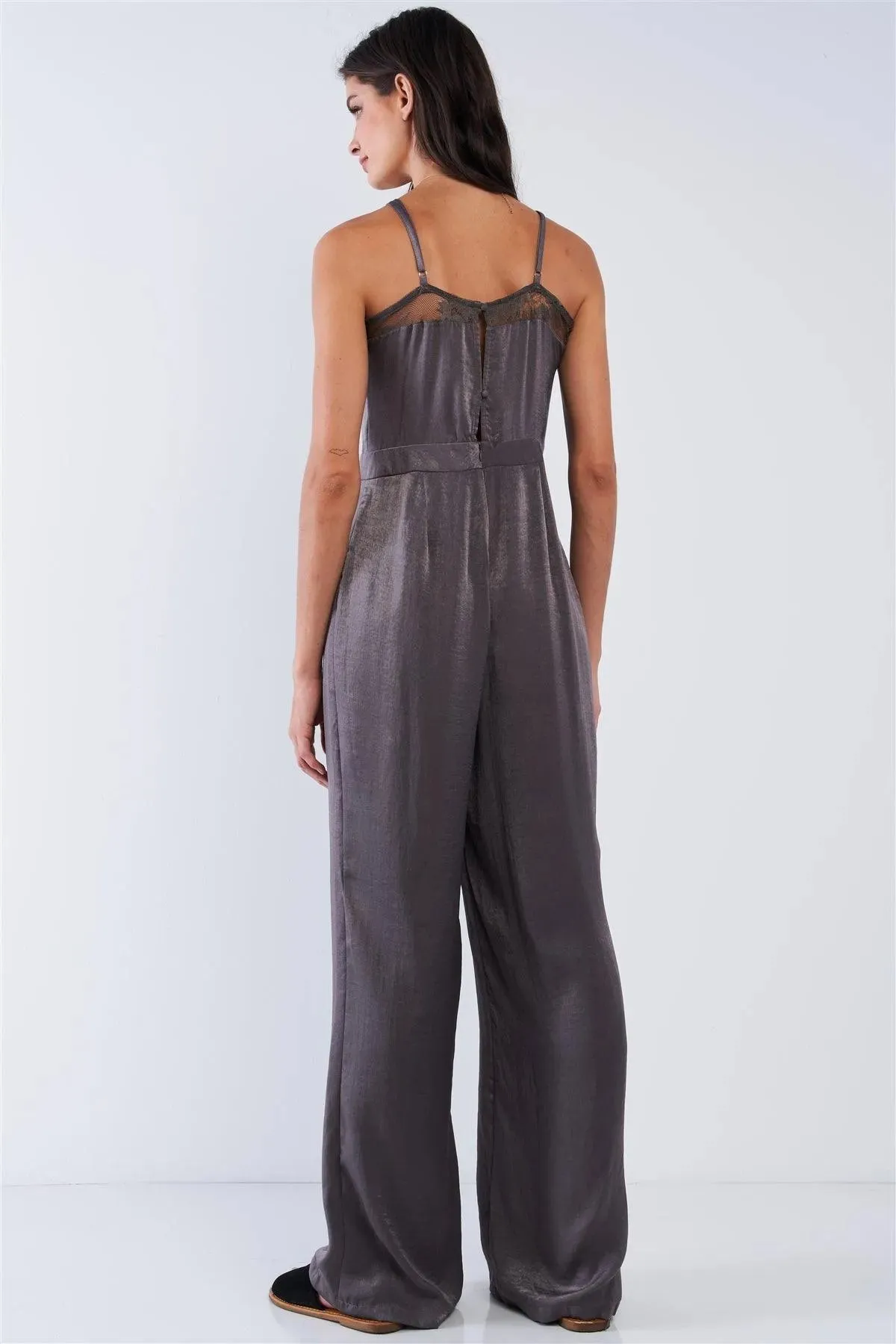 Dark Olive Chic Satin Sleeveless Mesh Hem V-Neck Wide Leg Jumpsuit /1-2-2-1