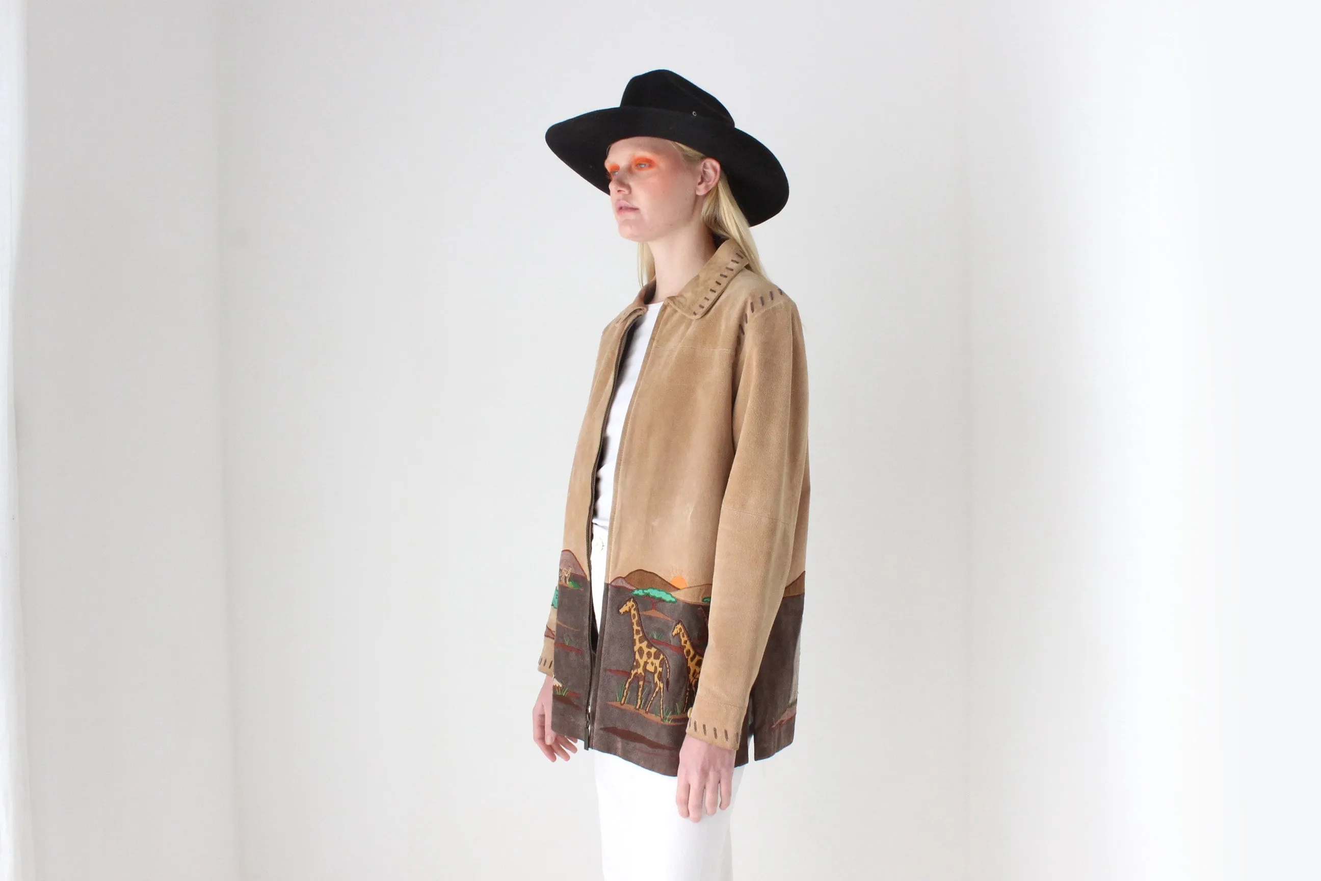 Delightful 90s Suede Safari Scenery Zip Front Jacket