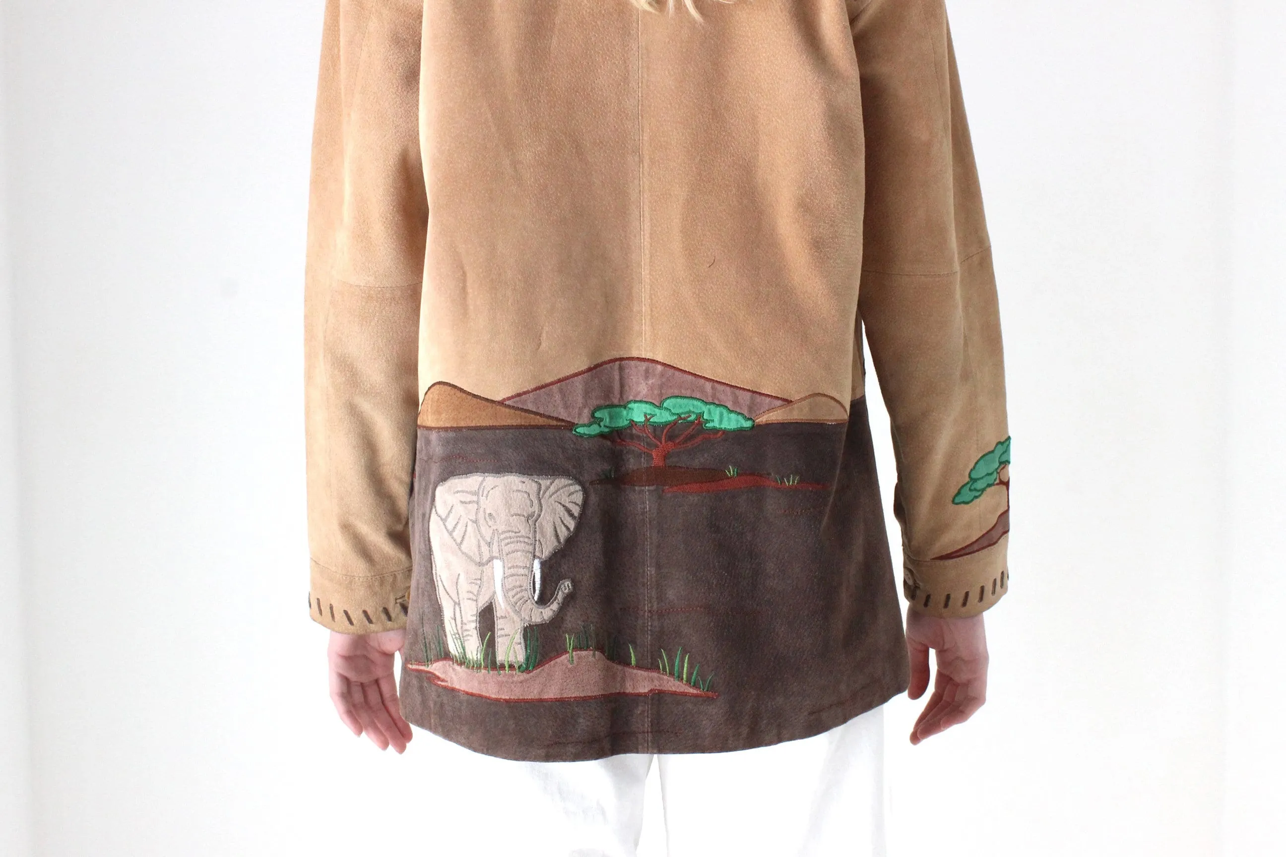 Delightful 90s Suede Safari Scenery Zip Front Jacket