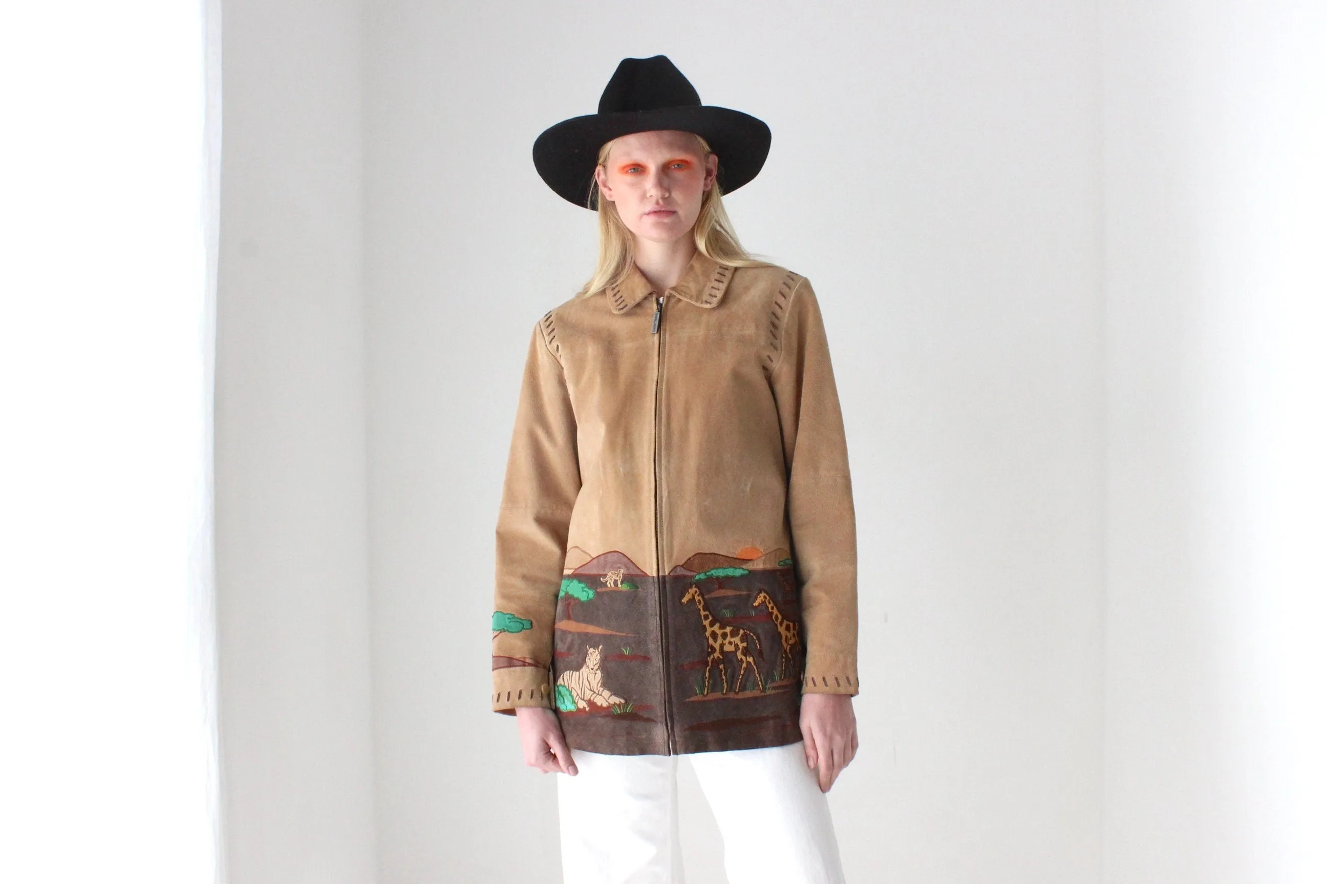 Delightful 90s Suede Safari Scenery Zip Front Jacket