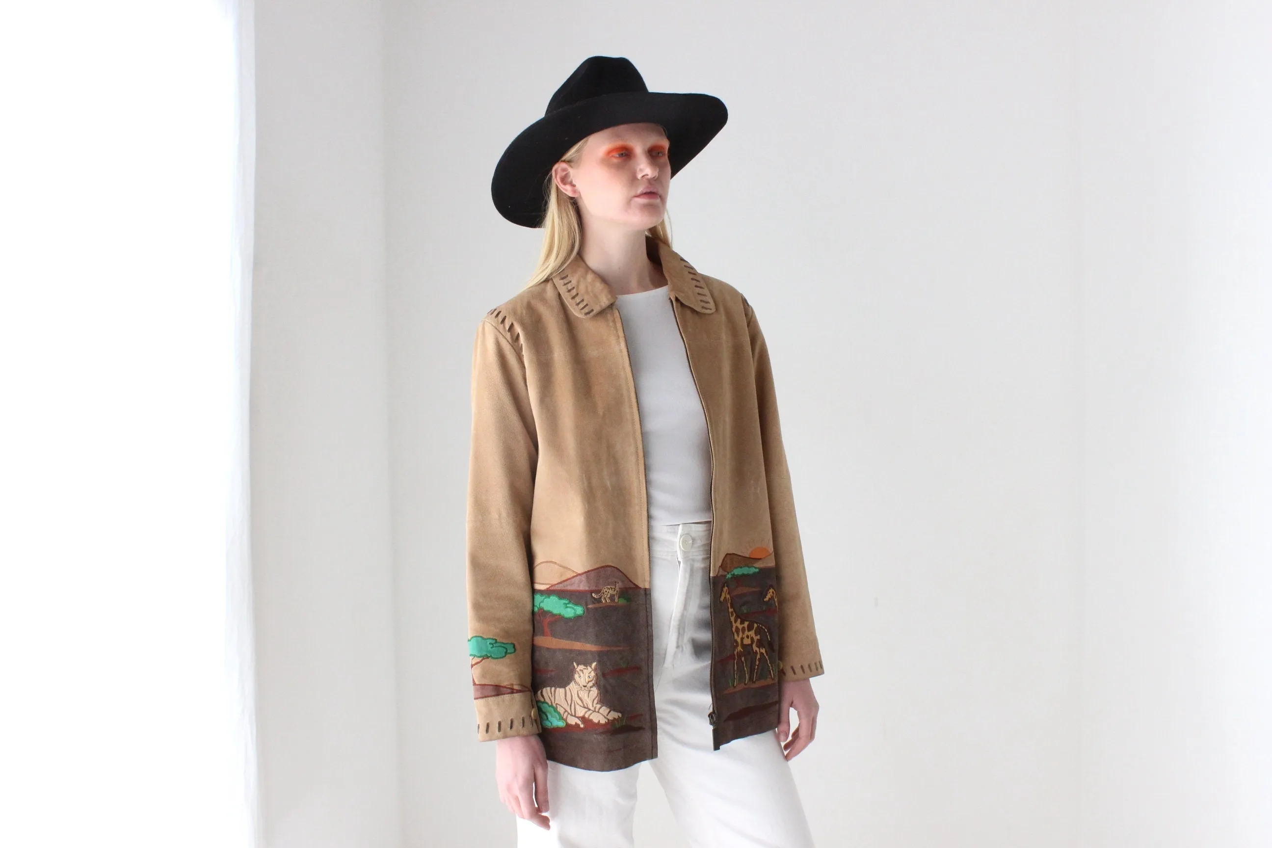 Delightful 90s Suede Safari Scenery Zip Front Jacket