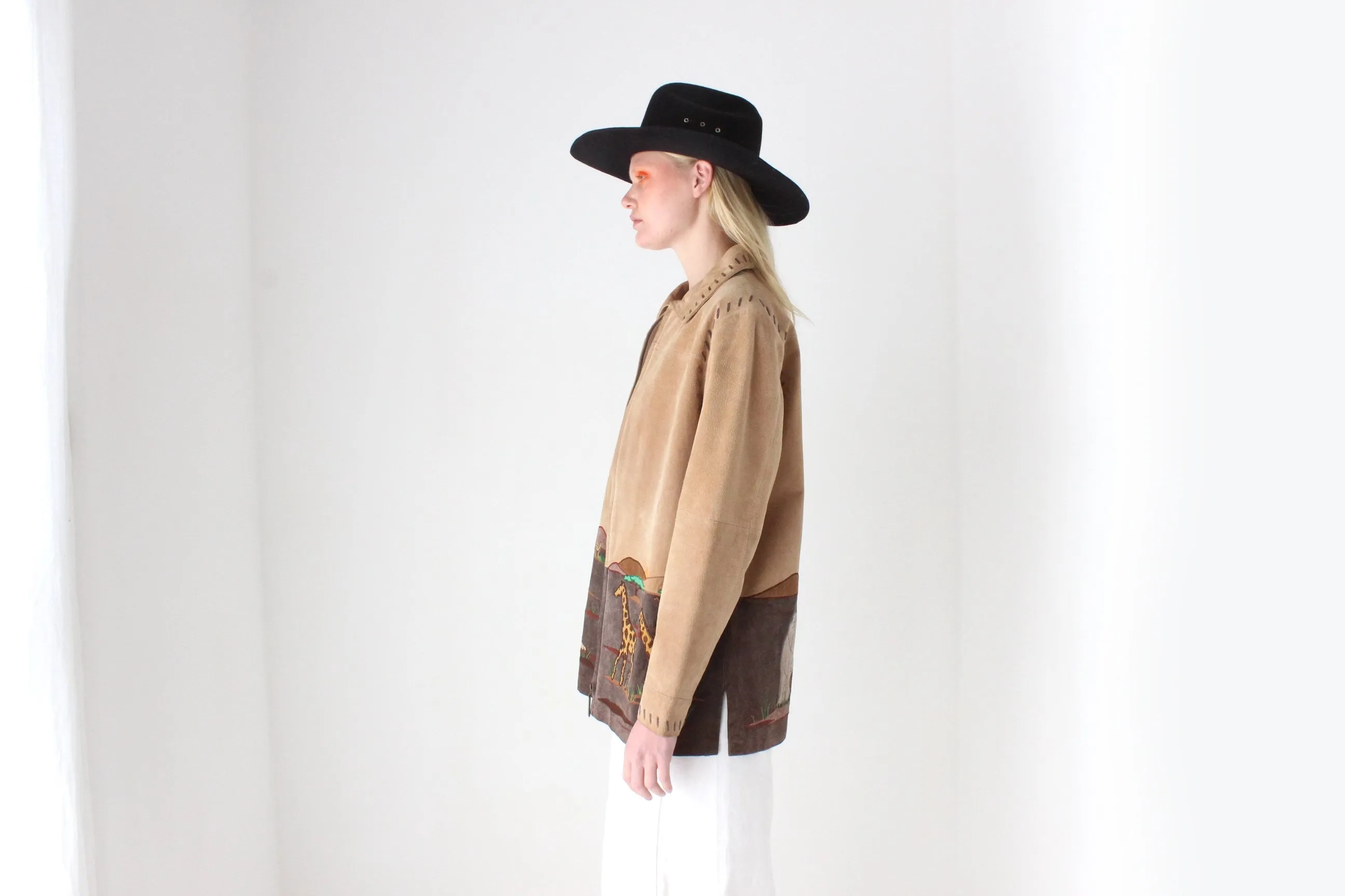 Delightful 90s Suede Safari Scenery Zip Front Jacket
