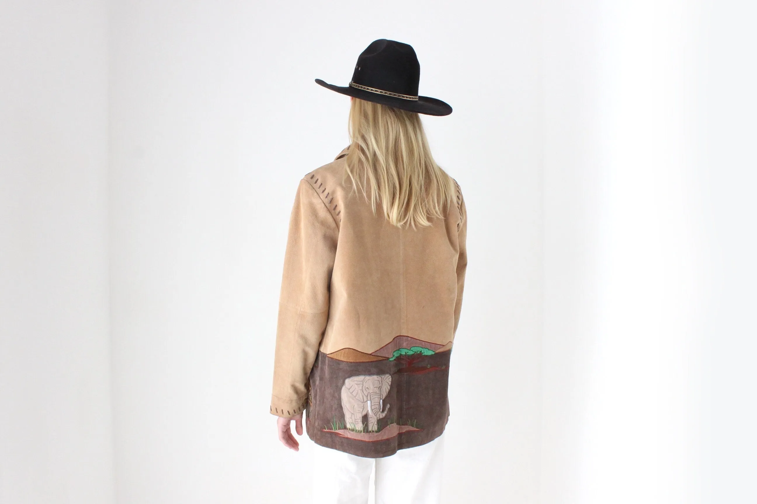 Delightful 90s Suede Safari Scenery Zip Front Jacket