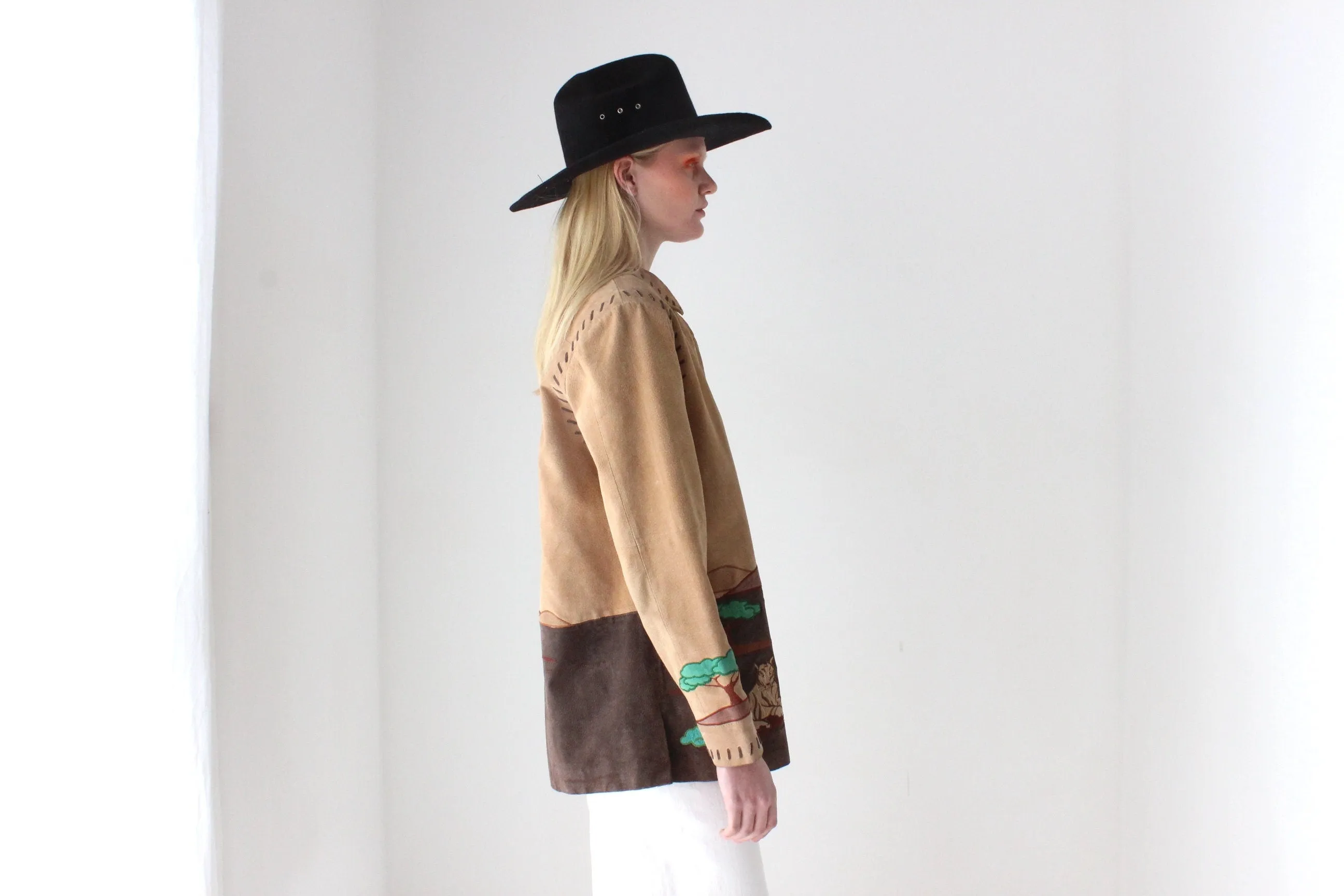 Delightful 90s Suede Safari Scenery Zip Front Jacket