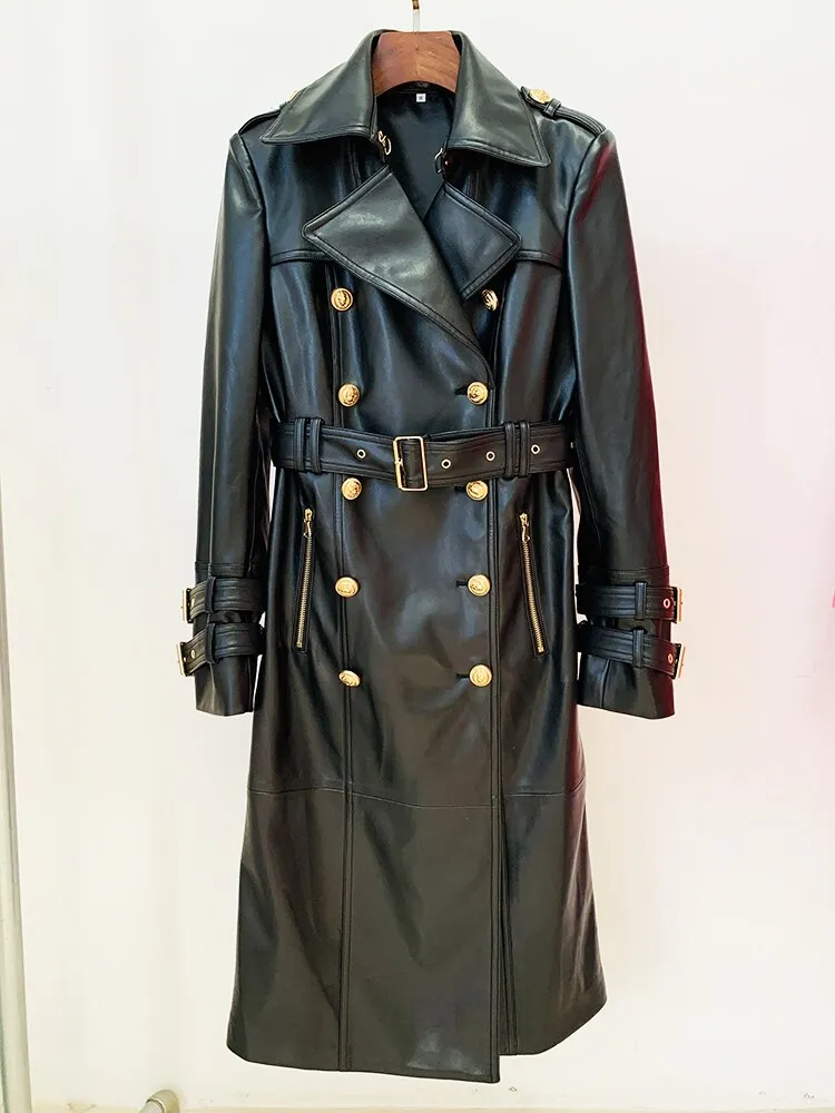 Double Breasted Lion Buttons Leather Coat