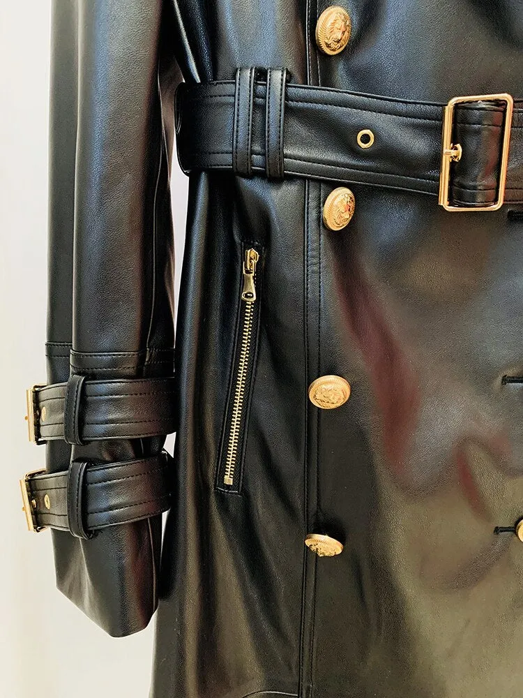 Double Breasted Lion Buttons Leather Coat