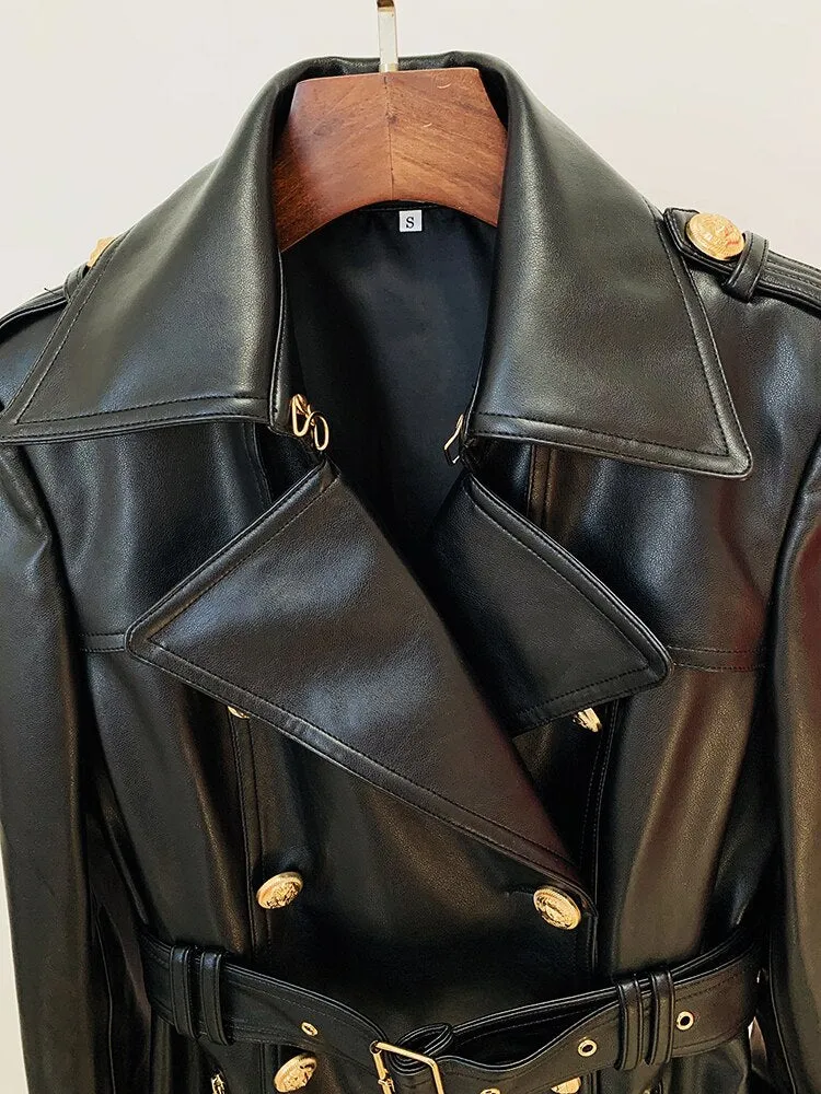 Double Breasted Lion Buttons Leather Coat