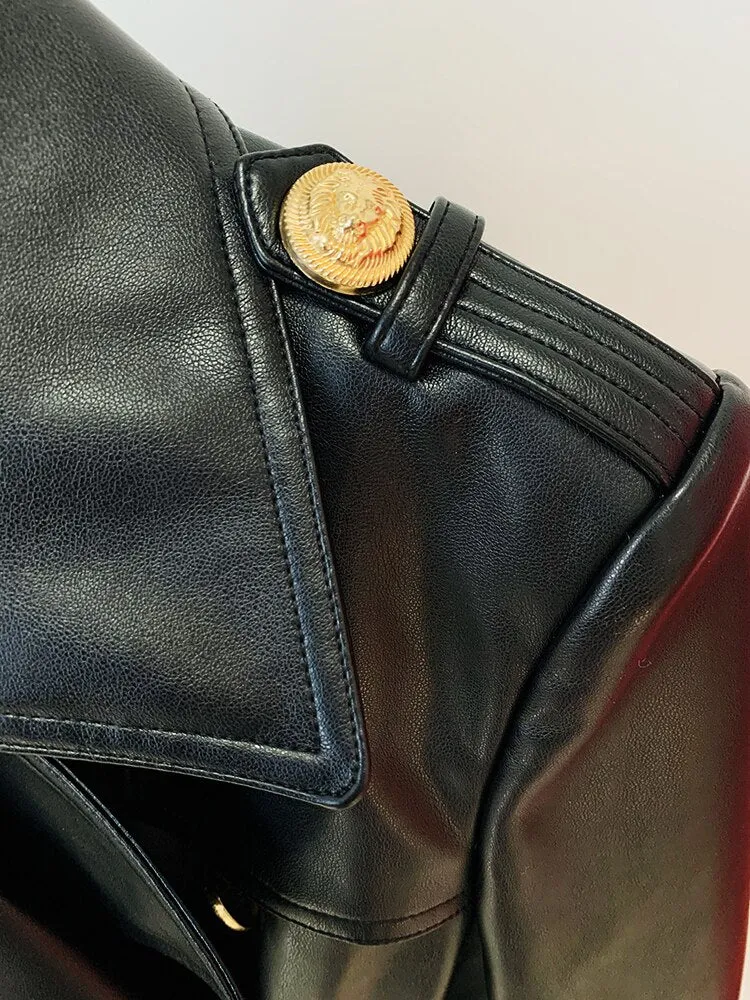 Double Breasted Lion Buttons Leather Coat