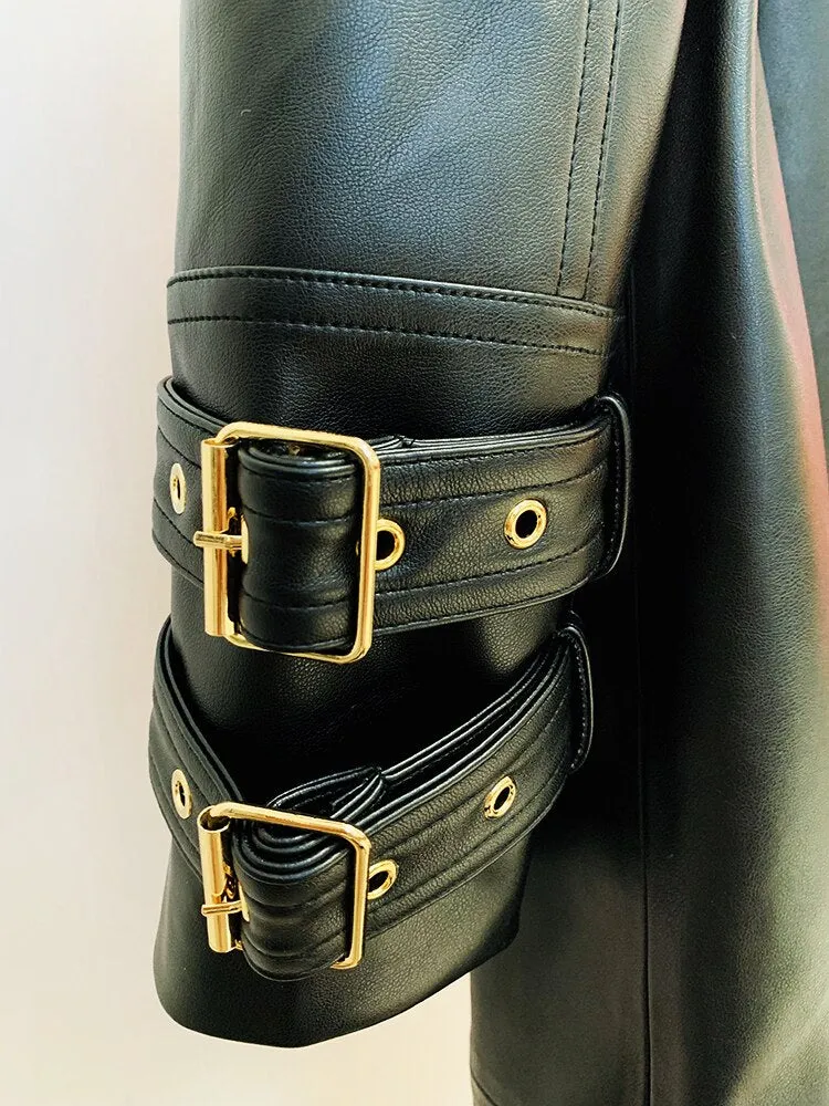 Double Breasted Lion Buttons Leather Coat